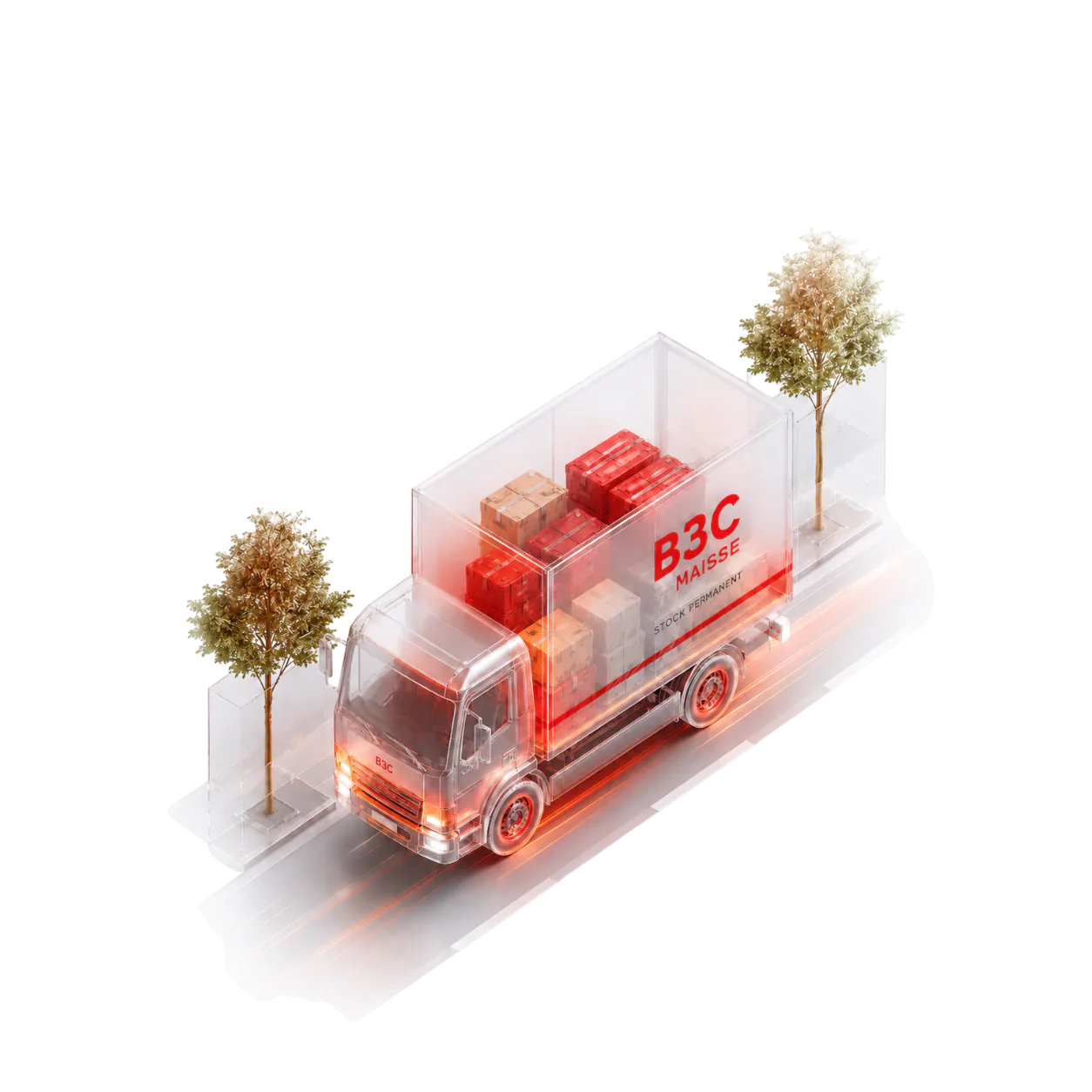 Camion de livraison B3C transportant des colis, livraison et installation sur site