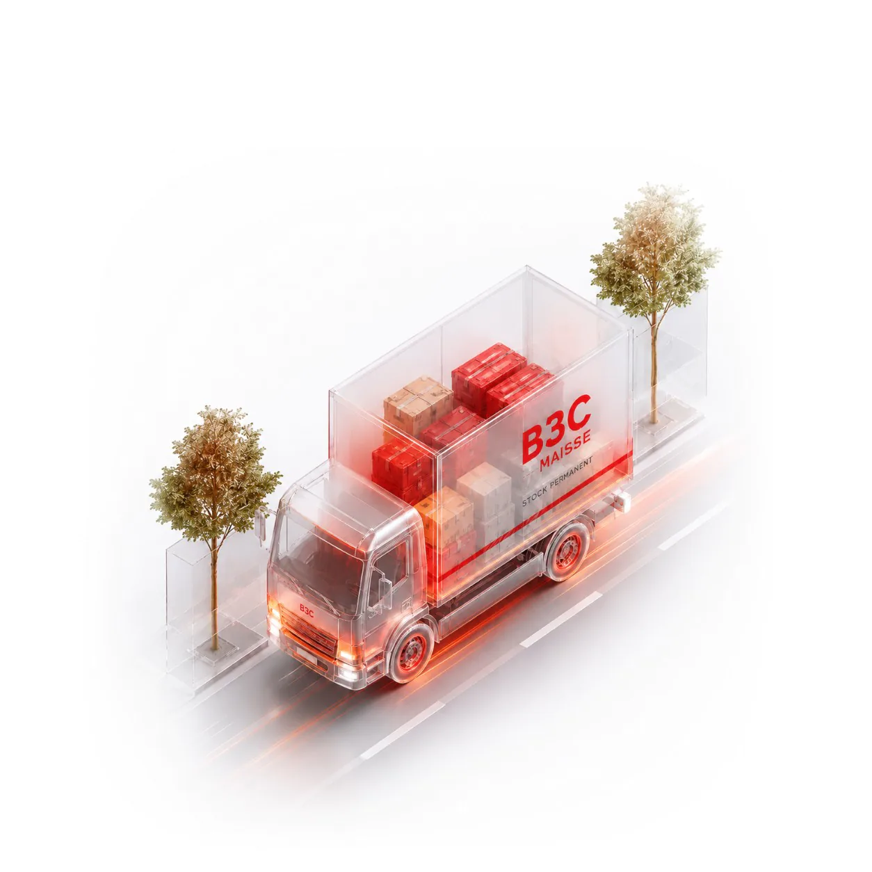 Camion de livraison B3C en verre chargé de cartons, service de livraison et mise en service des balances