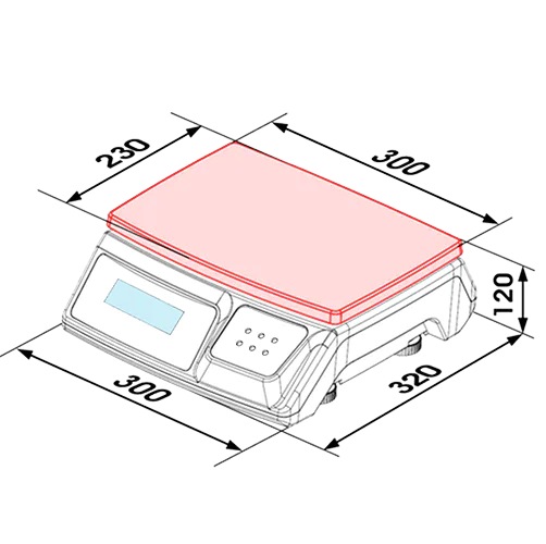 Schéma technique B3C des dimensions de la 9260, hors-tout 300 × 320 × 120 mm, plateau utile 300 × 230 mm