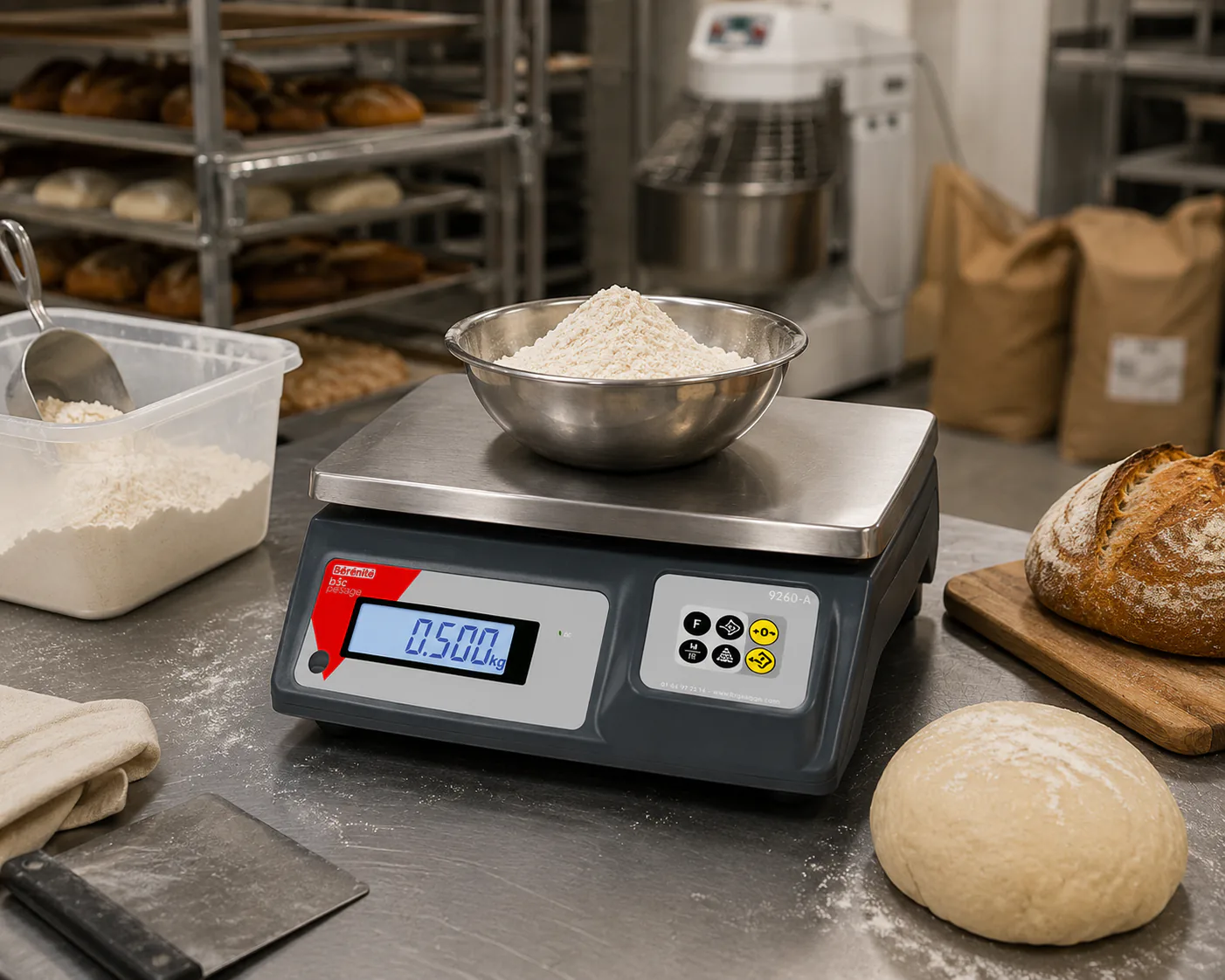 Balance B3C 9260 avec saladier inox rempli de farine sur plan de travail inox, fournil de boulangerie en arrière-plan