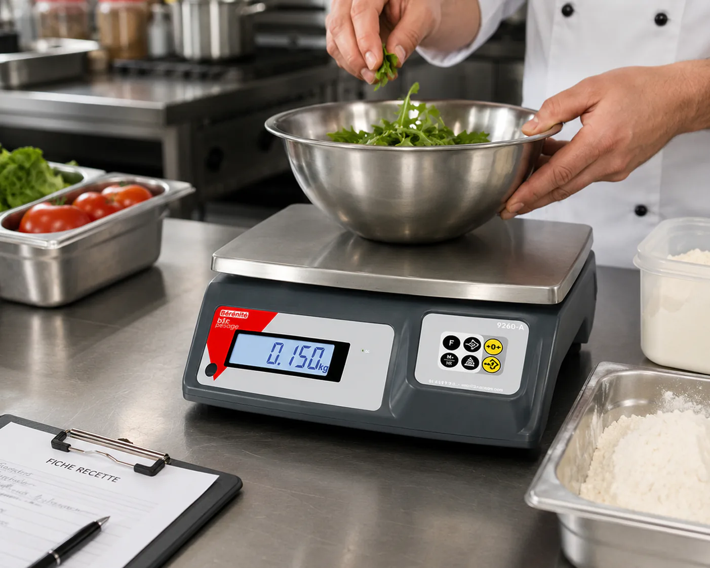 Balance B3C 9260 avec saladier inox d'herbes fraîches en cuisine de restaurant, fiche recette à proximité