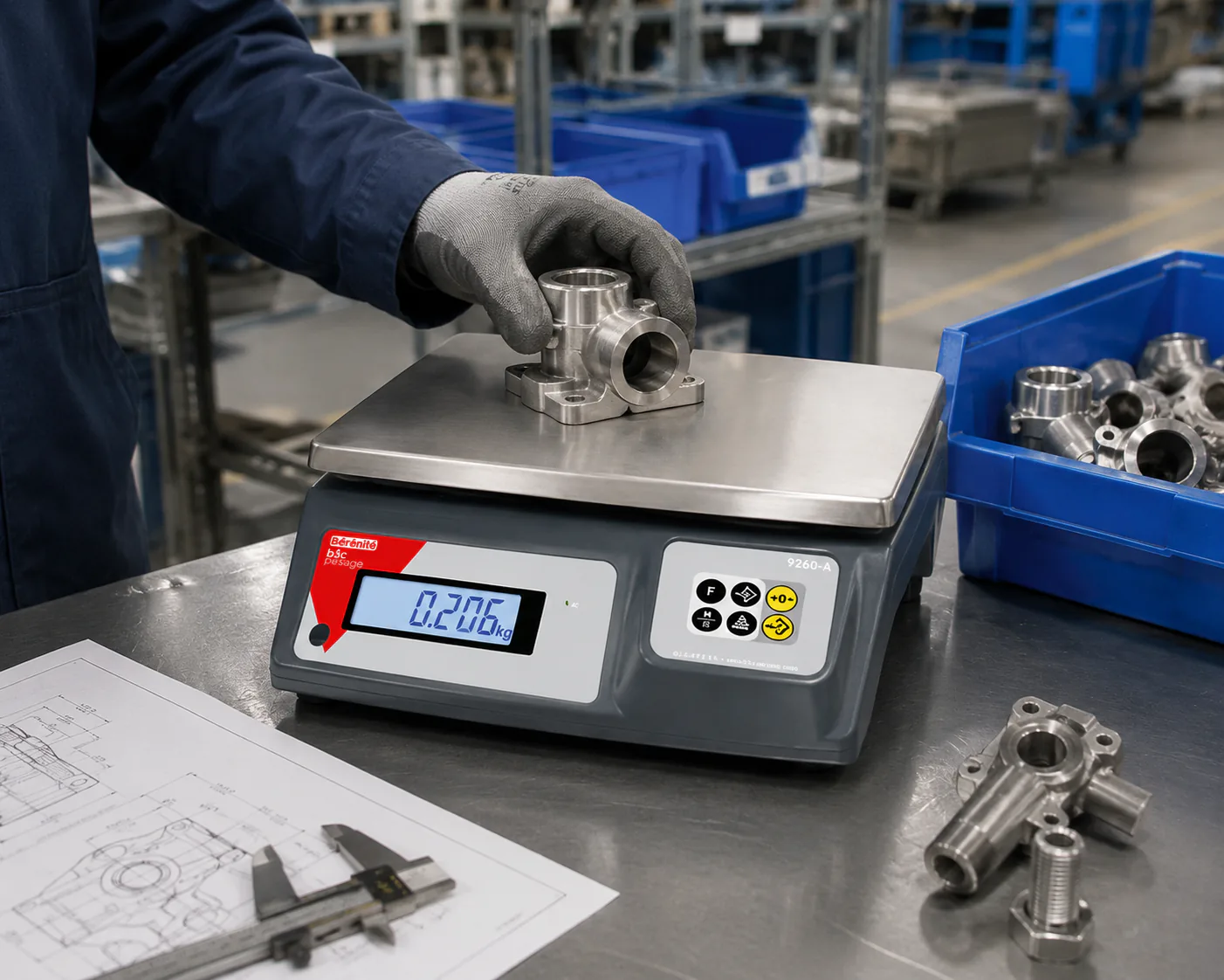 Balance B3C 9260 avec pièces métalliques usinées sur plateau inox, bacs de stockage et plan technique sur établi d'atelier
