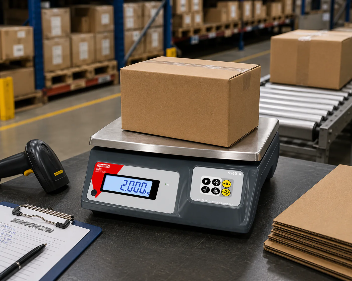 Balance B3C 9260 avec colis kraft fermé sur plateau inox, scanner code-barres et convoyeur d'entrepôt en arrière-plan