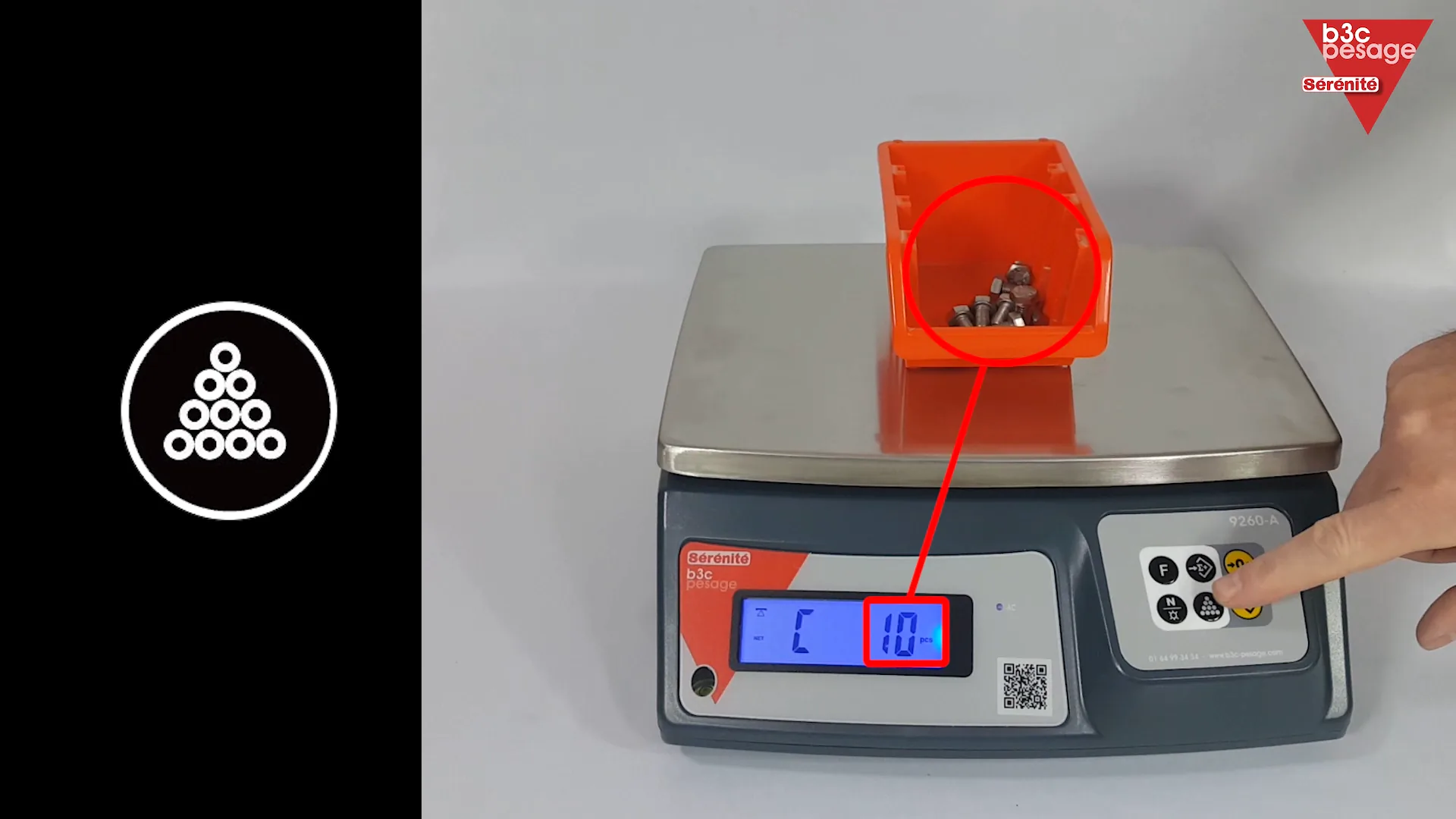 Aperçu du tutoriel vidéo du mode comptage de pièces COUNT avec échantillon de 10 à 1 000 pièces sur la balance 9260