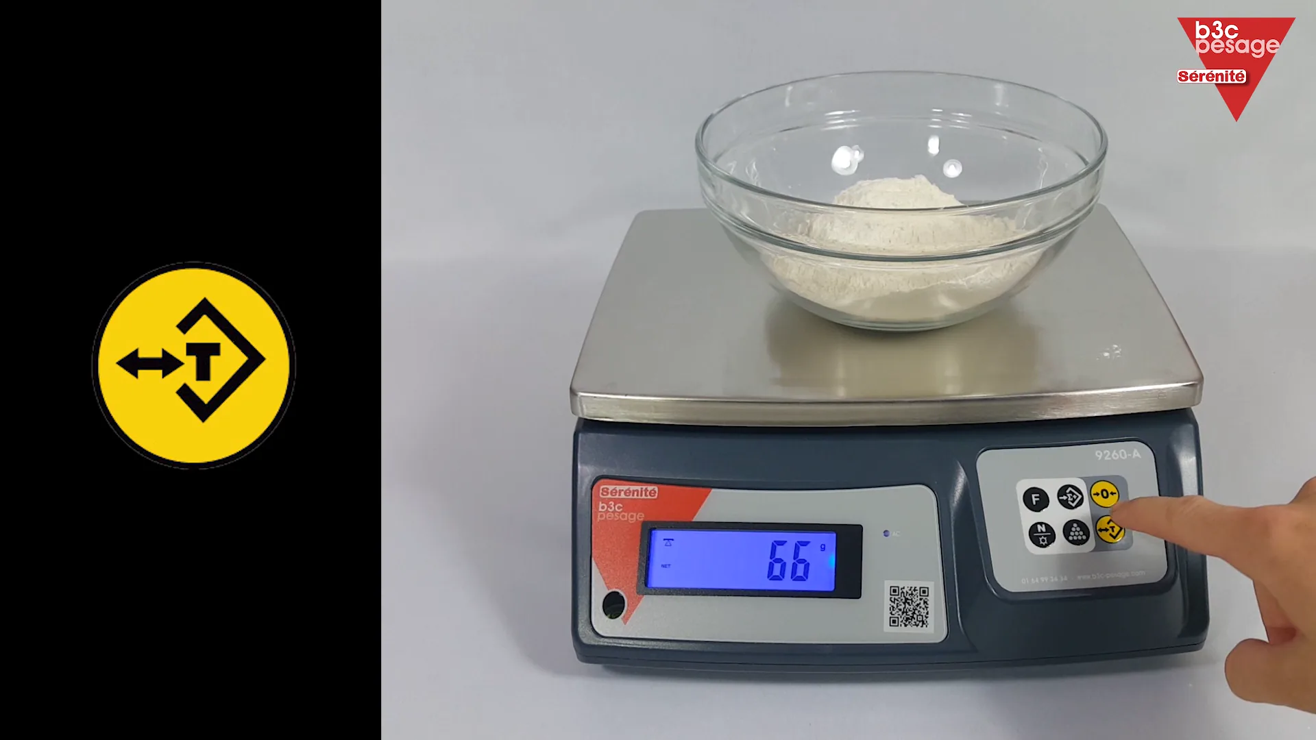Aperçu du tutoriel vidéo expliquant la fonction tarage TARE + et − sur la balance compacte 9260