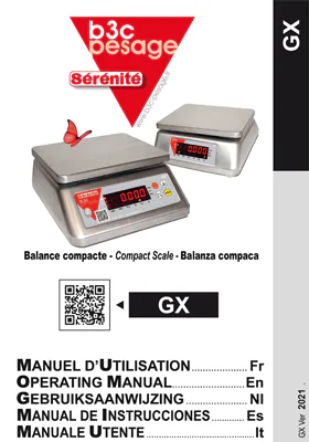 Aperçu de la première page du manuel d'utilisation PDF de la balance GX, pesage, tarage, Auto-Off