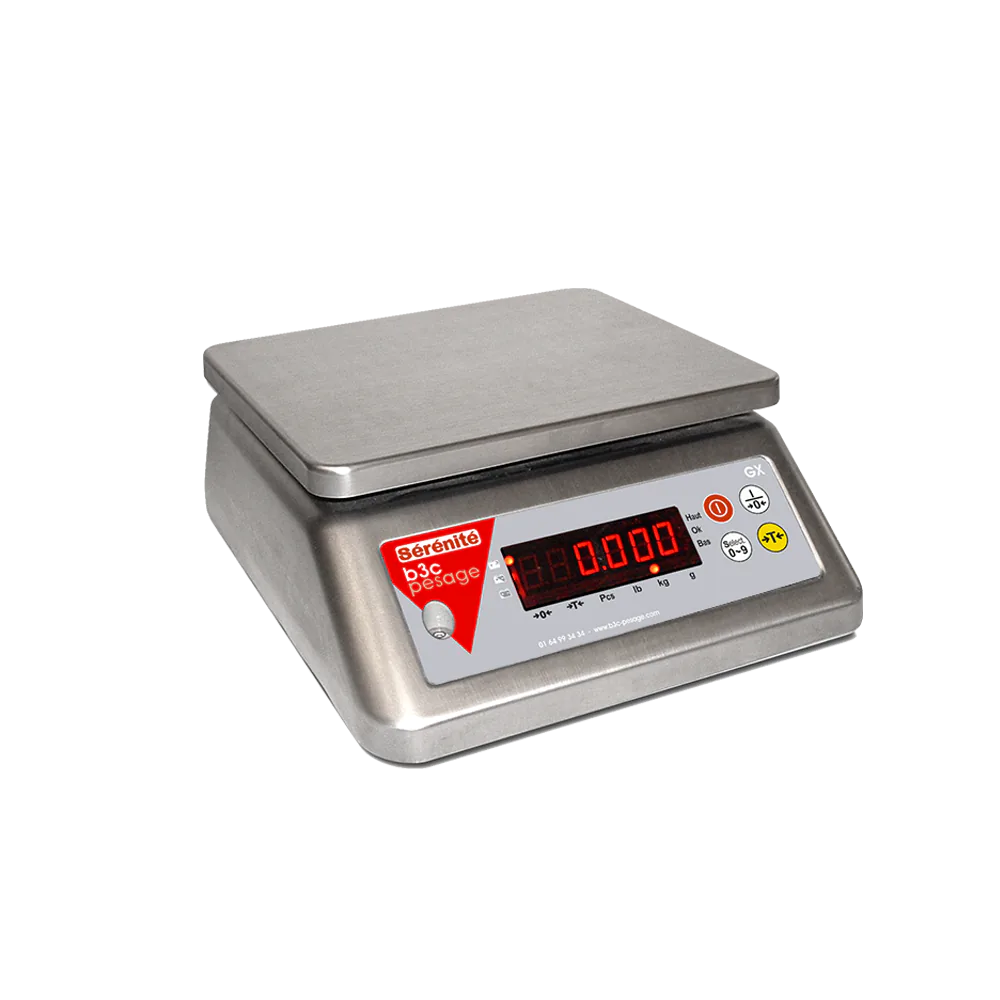 Balance compacte GX tout inox AISI 304 IP65 avec afficheur LED rouge allumé, détourée sur fond blanc