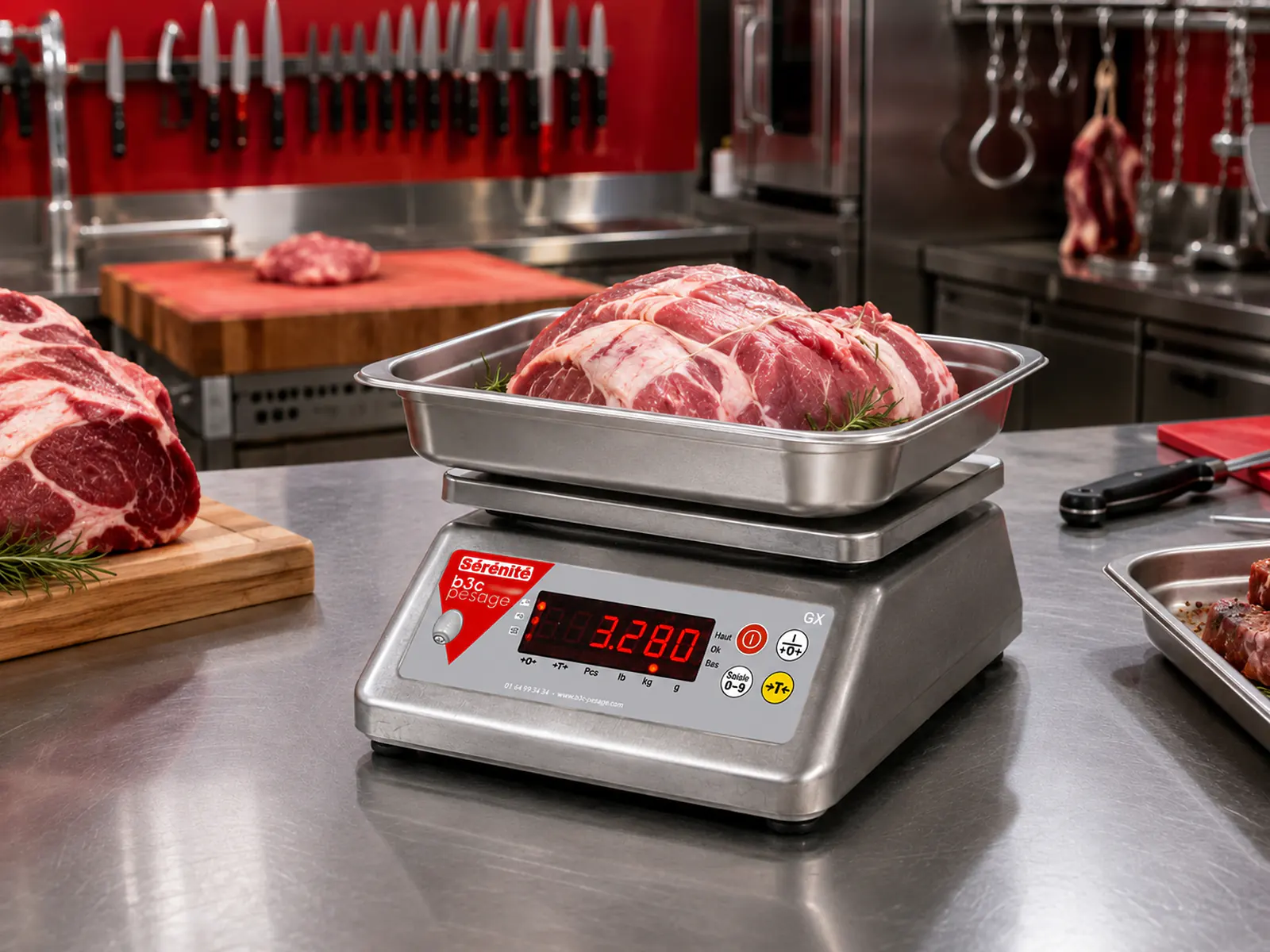 Balance compacte B3C GX tout inox pesant une pièce de viande dans un bac en atelier de boucherie