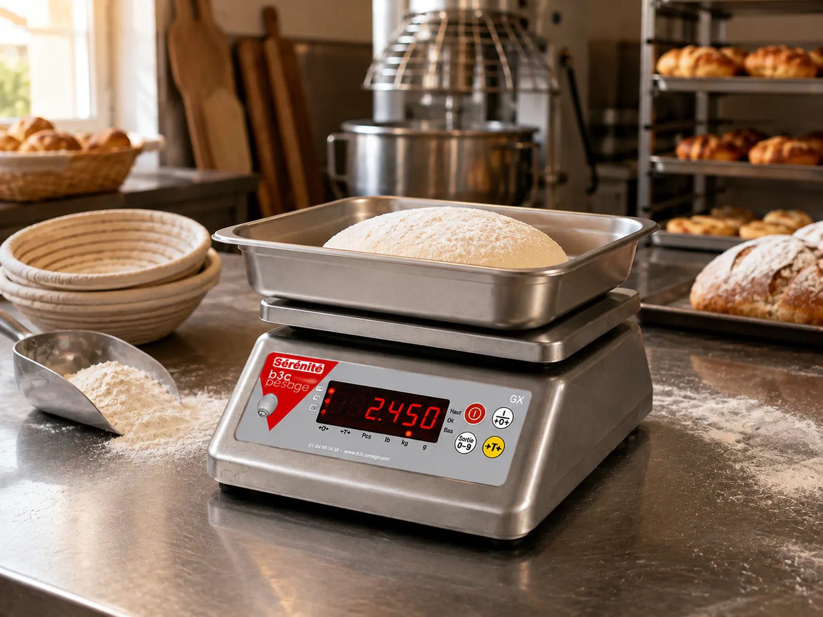 Balance compacte B3C GX tout inox avec un bac de farine en boulangerie, pétrin et pains en arrière-plan