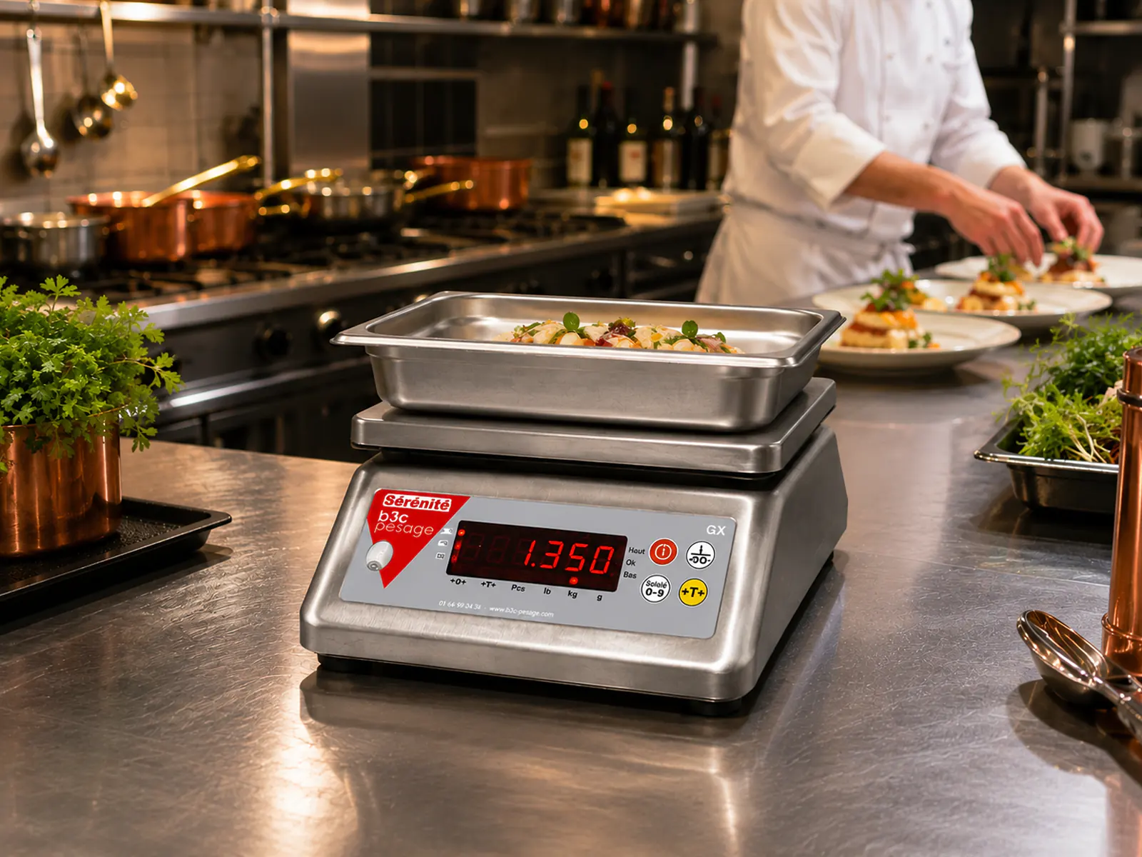 Balance compacte B3C GX tout inox pesant un plat dans un bac en cuisine professionnelle, cuisinier en arrière-plan