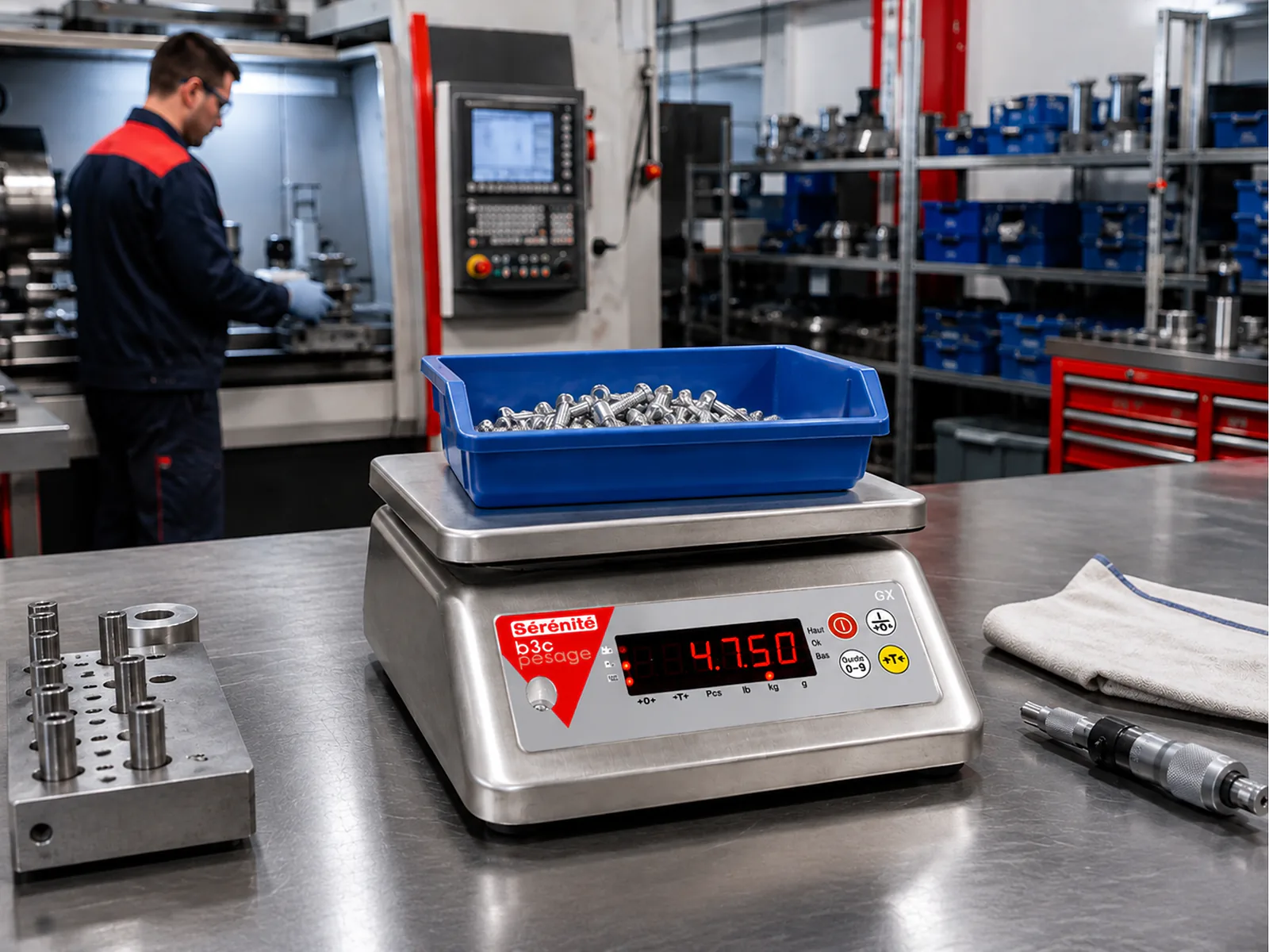 Balance compacte B3C GX tout inox avec un bac de pièces métalliques à un poste de contrôle en atelier industriel