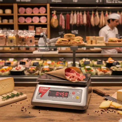 Balance GX B3C pesant des portions de viande au laboratoire de découpe, opérateurs en tenue HACCP