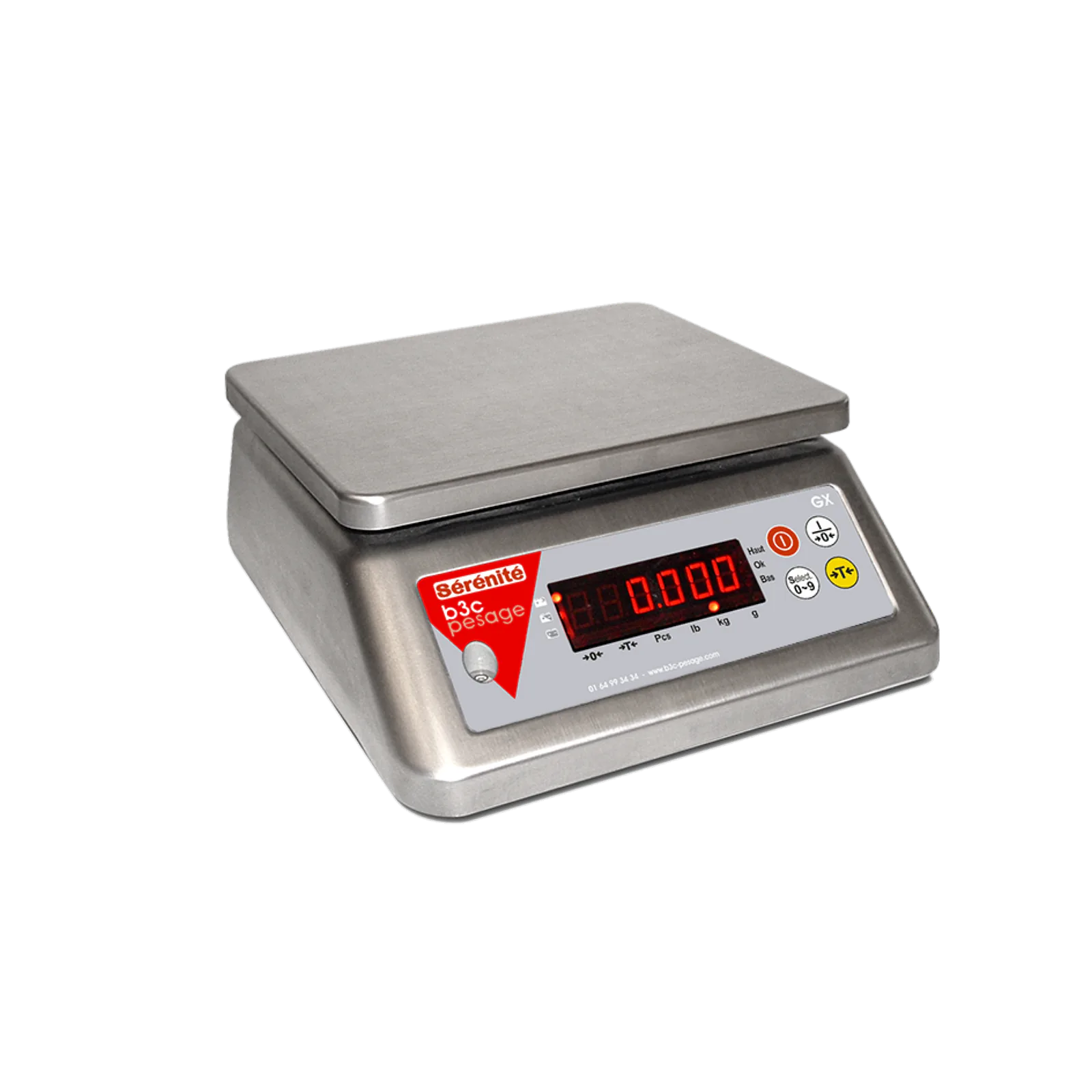 Balance compacte B3C GX tout inox, avec plateau amovible, afficheur LED rouge et clavier en façade
