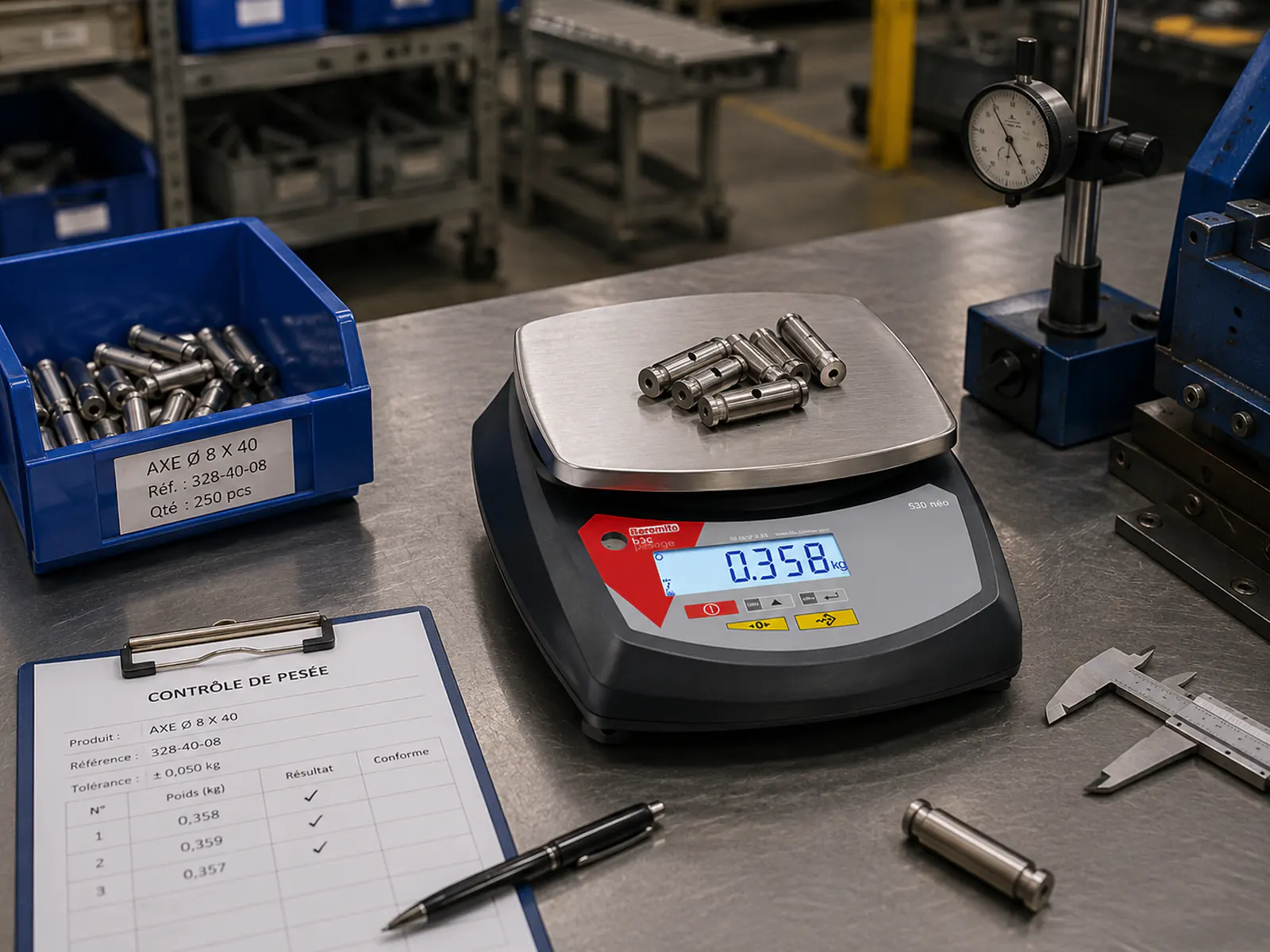Balance compacte B3C S30-ABS pesant des pièces métalliques sur son plateau inox à un poste de contrôle en atelier