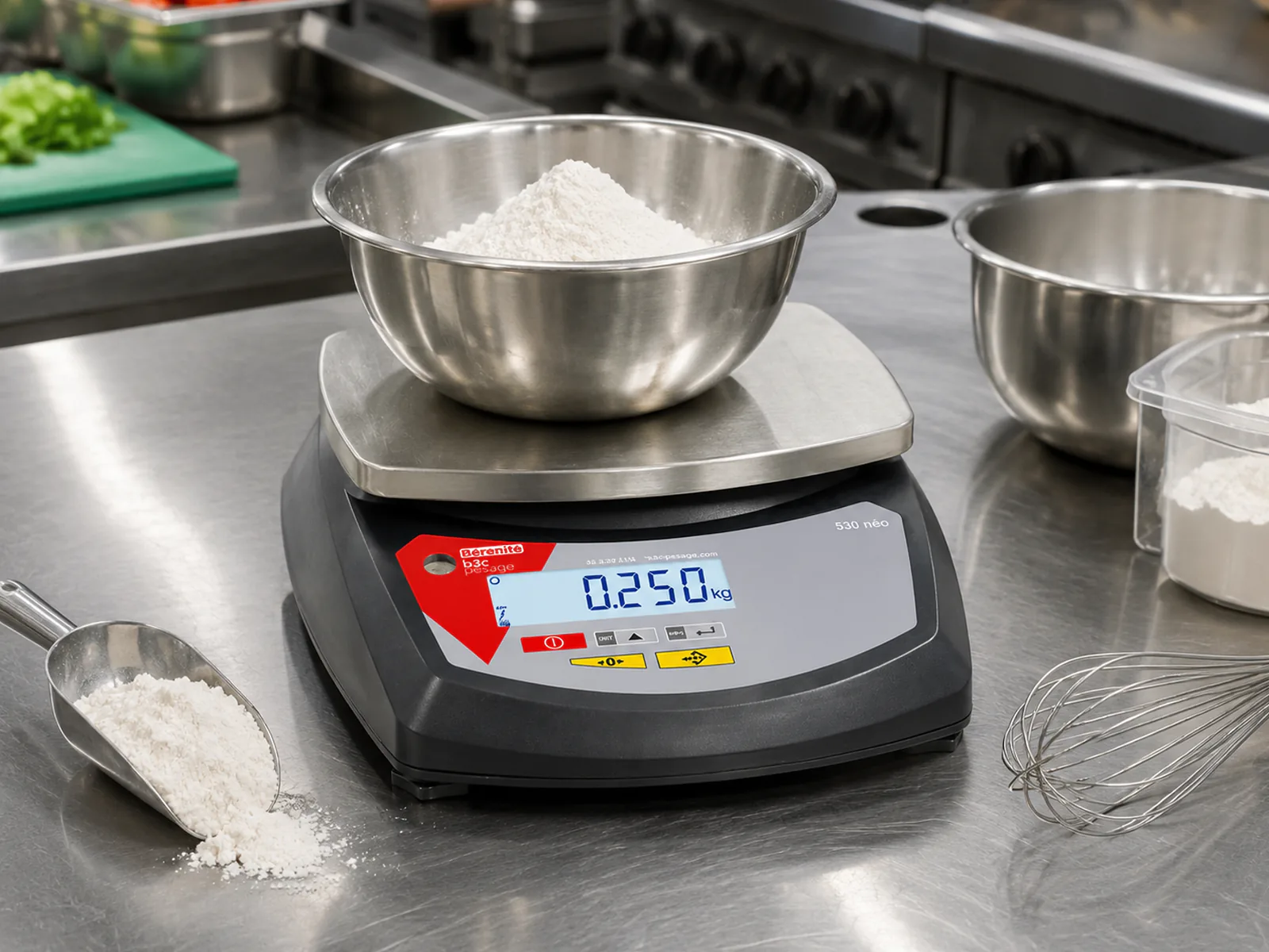 Balance compacte B3C S30-ABS avec un bol de farine sur son plateau inox en cuisine professionnelle