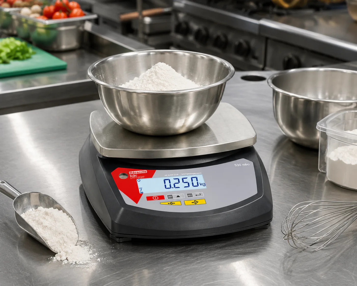 Balance compacte B3C S30-ABS pesant un bol de farine sur plateau inox en cuisine professionnelle