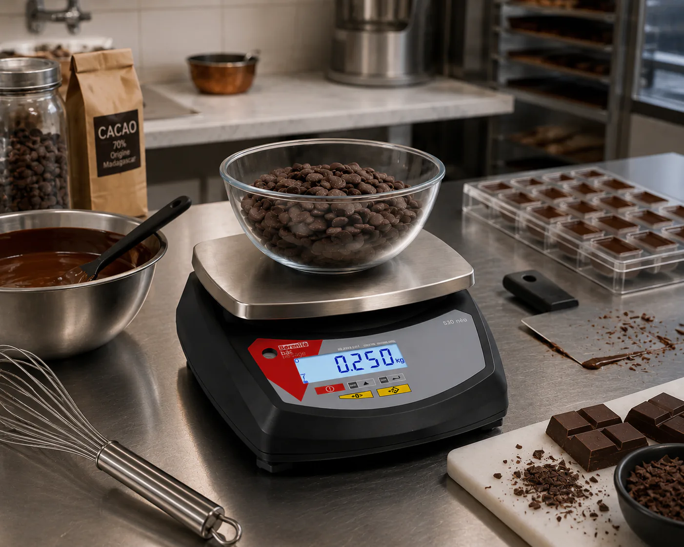 Balance compacte B3C S30-ABS pesant des fèves de cacao en chocolaterie sur plateau inox