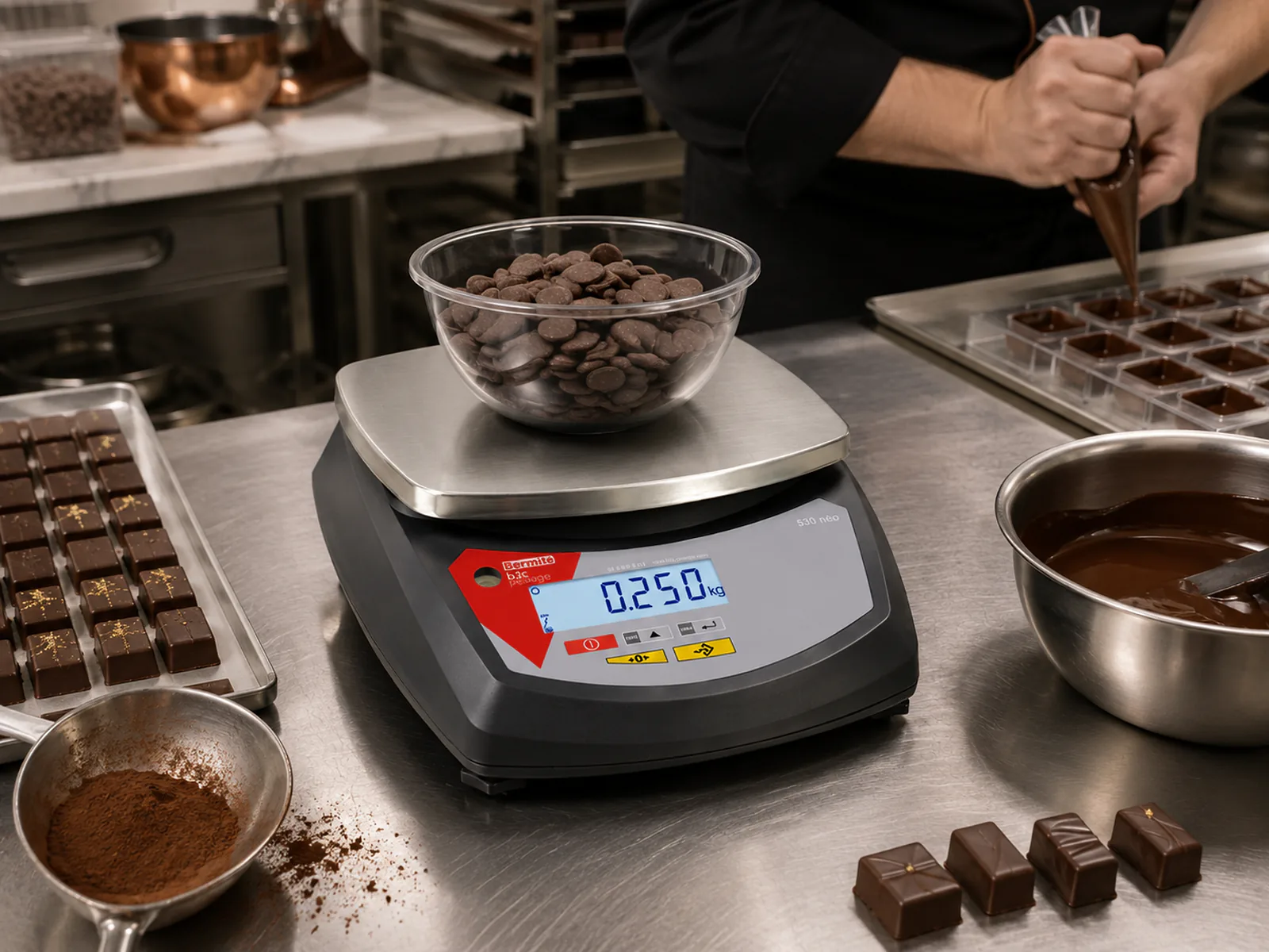 Balance compacte B3C S30-ABS avec un bol de pistoles de chocolat sur son plateau, chocolatier au travail en arrière-plan