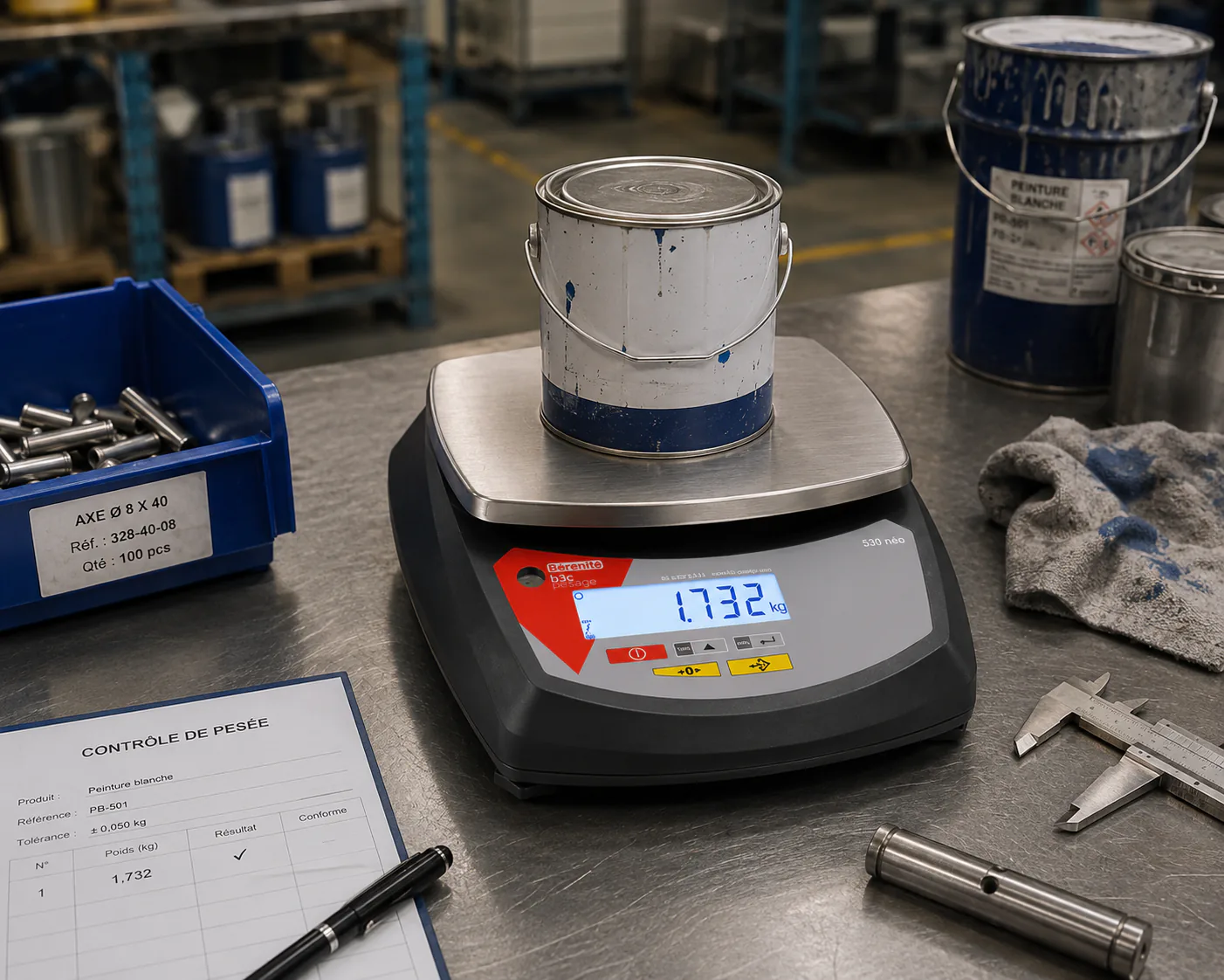 Balance compacte B3C S30-ABS pesant un pot de peinture sur plateau inox en atelier industriel