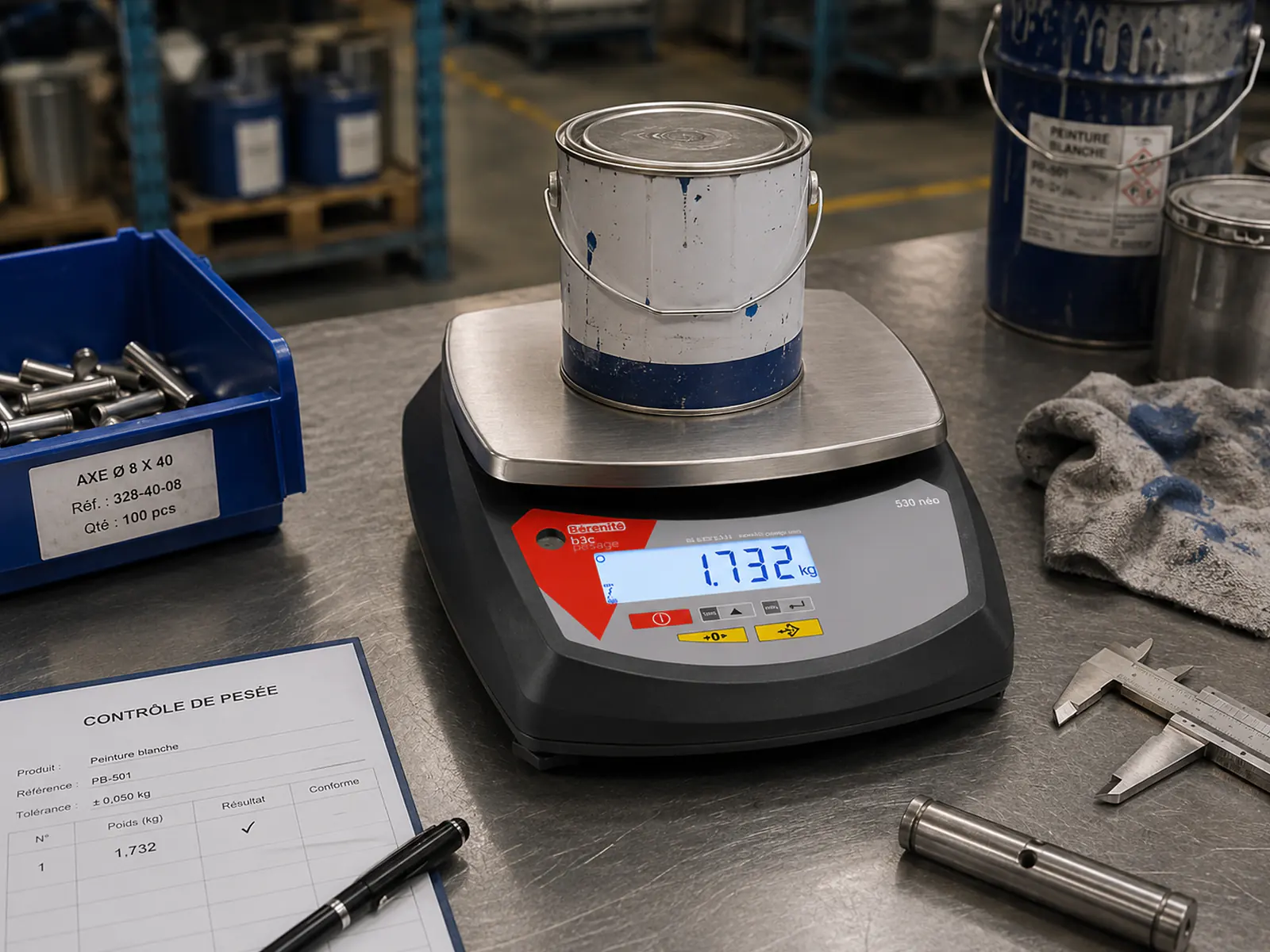 Balance compacte B3C S30-ABS pesant un pot de peinture dans un atelier industriel