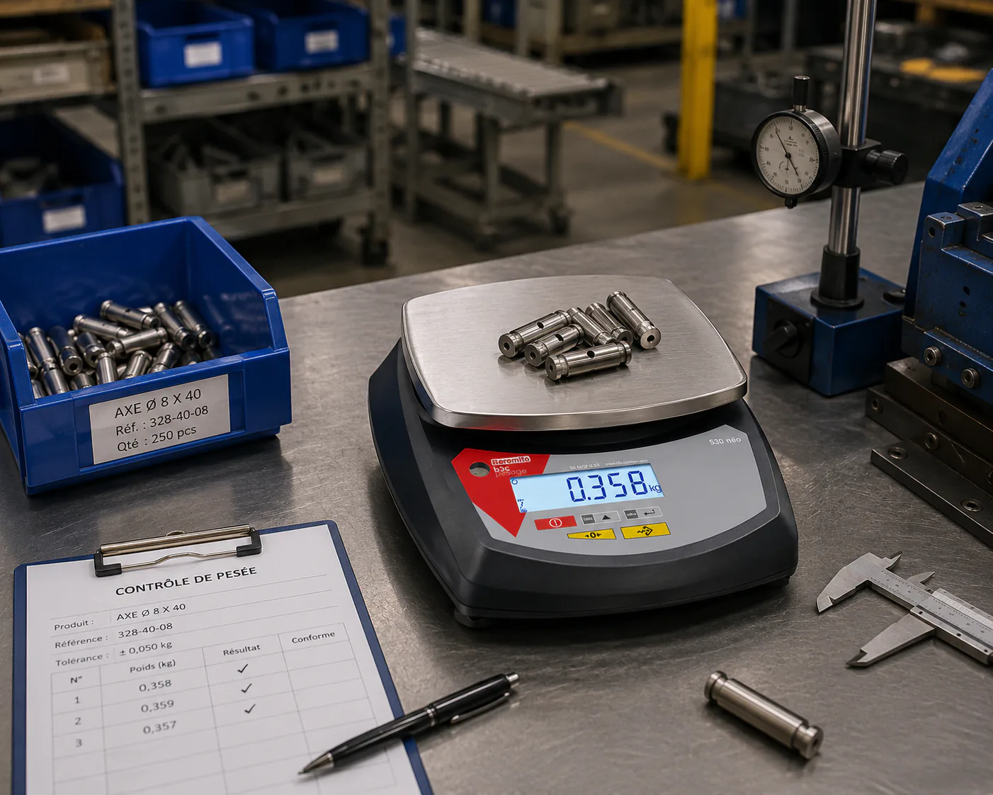 Balance compacte B3C S30-ABS pesant des pièces métalliques sur plateau inox en atelier de contrôle