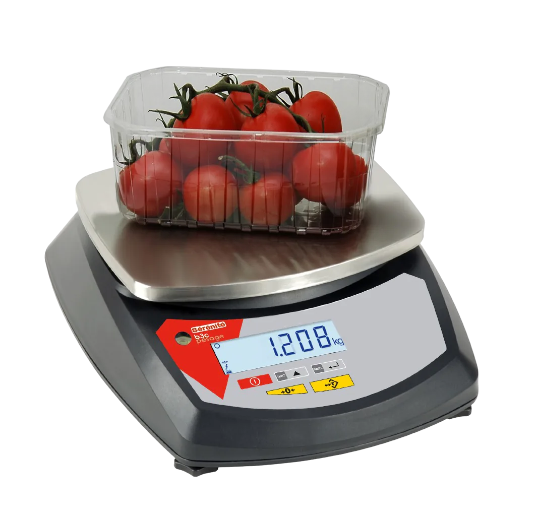 Barquette de tomates grappe pesée à 1,208 kg sur le plateau inox de la balance S30-ABS