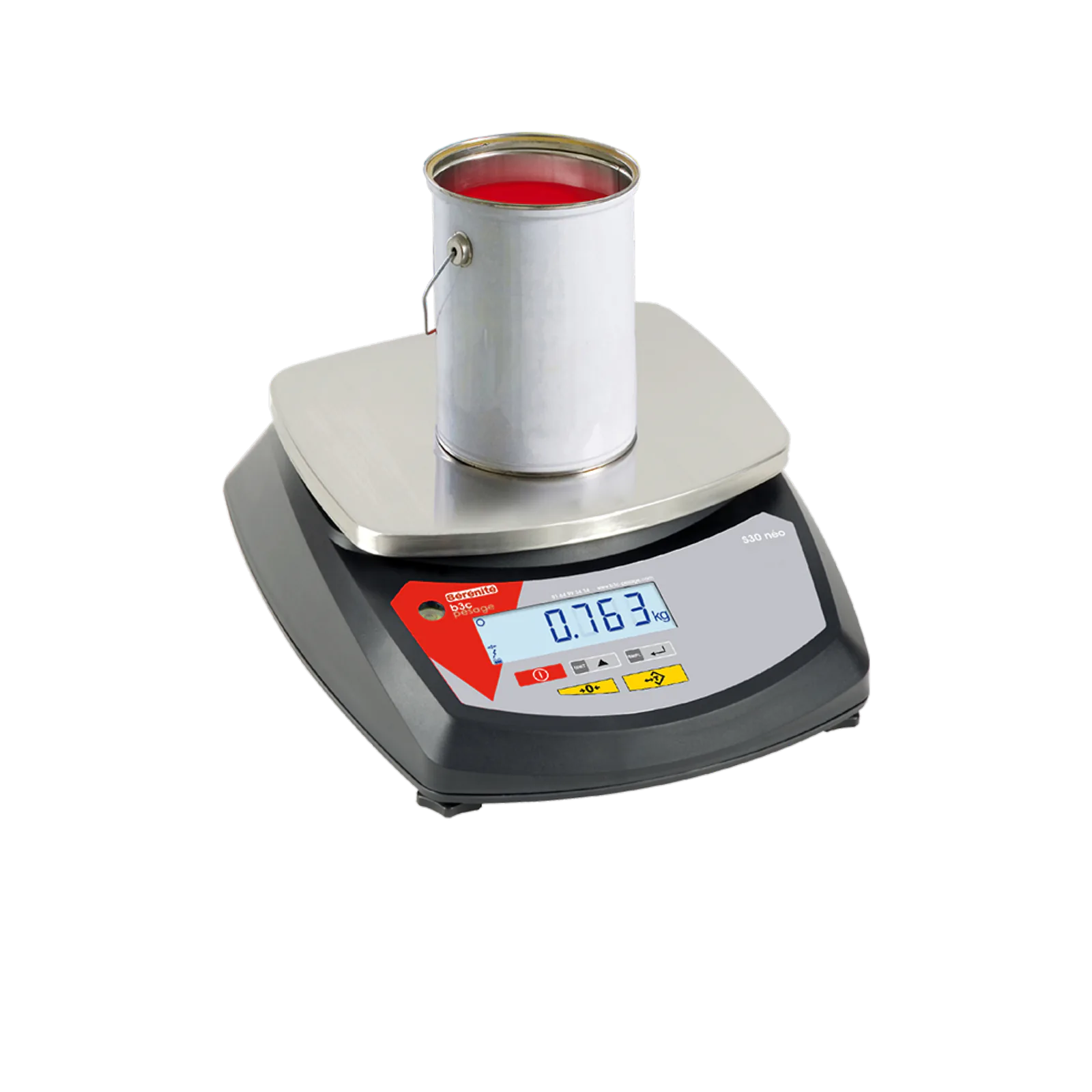 Balance compacte B3C S30-ABS avec un pot de peinture sur son plateau inox, détourée sur fond blanc