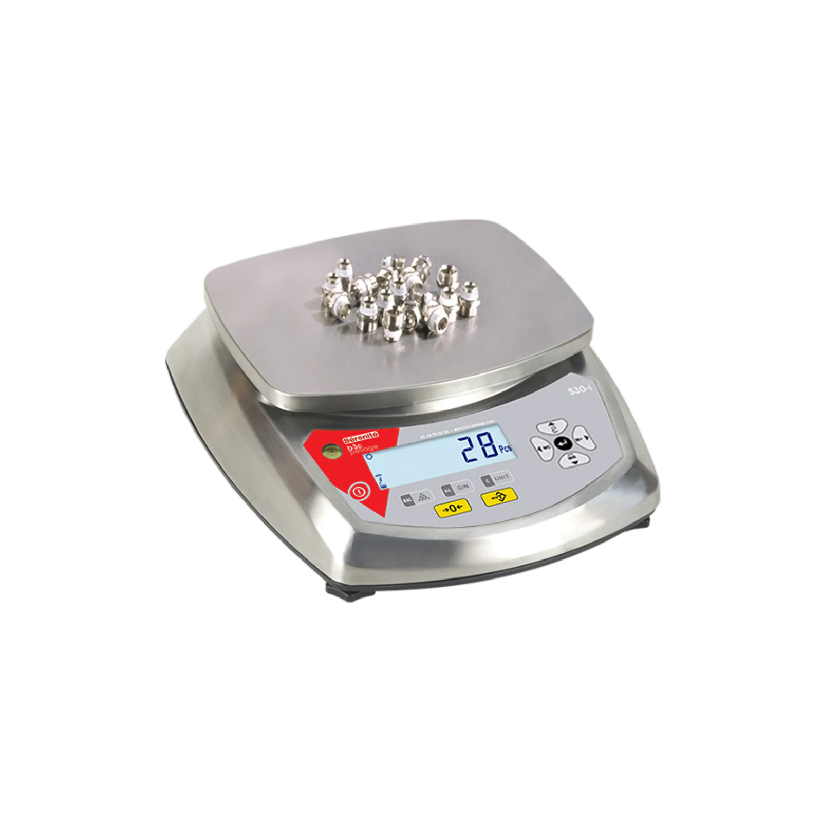 Balance compacte B3C S30 industrielle avec des pièces métalliques sur son plateau inox, sur fond blanc