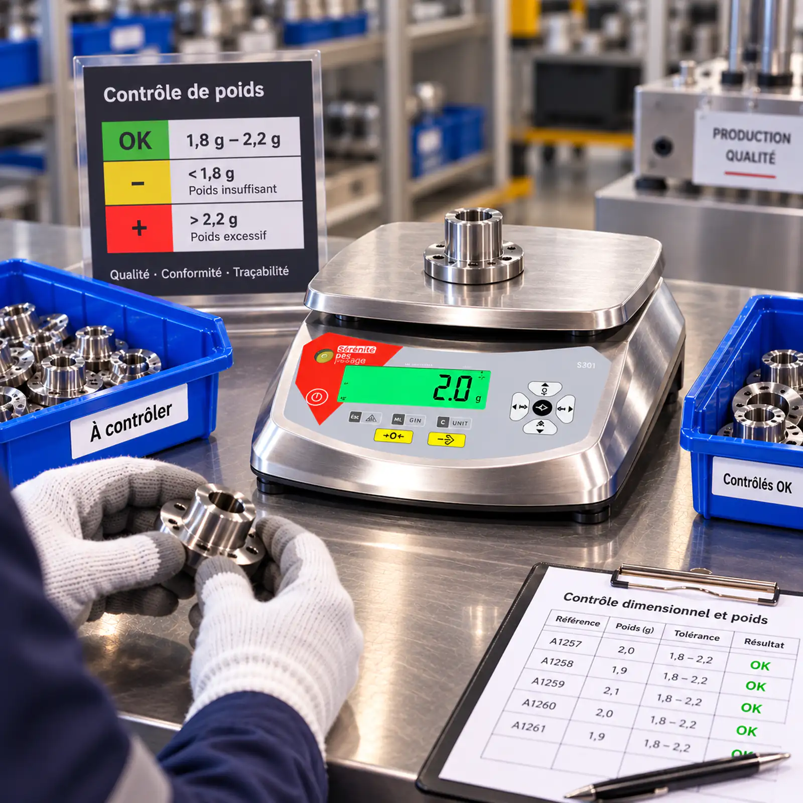 Balance B3C S30 industrielle au poste de contrôle de pièces métalliques, afficheur vert et fiche de relevés