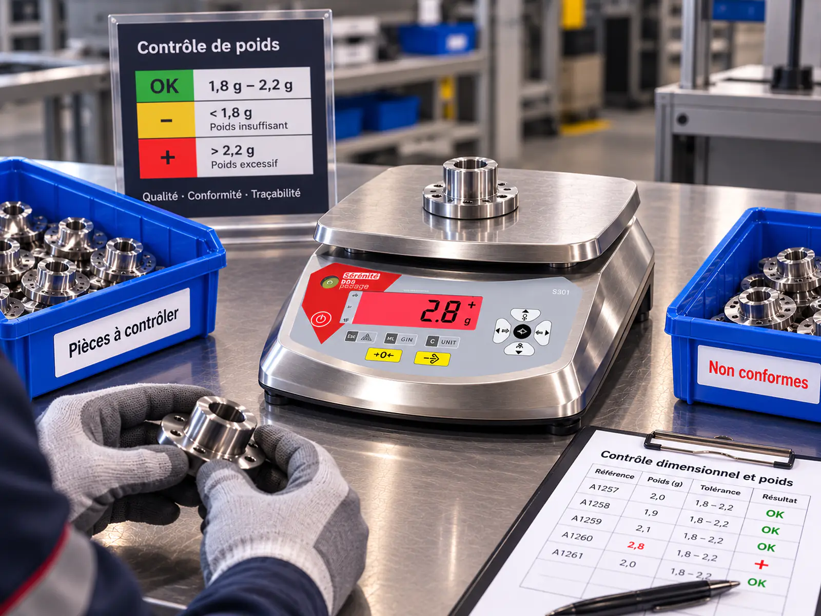 S30 industrielle en contrôle qualité Balance B3C S30 industrielle pesant une pièce usinée avec afficheur rouge, bacs de tri et feuille de contrôle