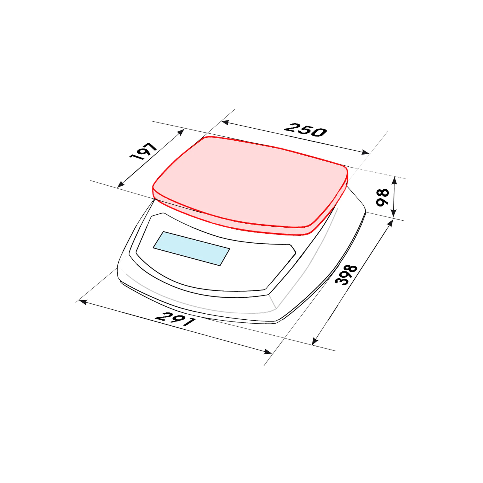 Schéma coté de la balance compacte B3C S30 industrielle, avec dimensions du plateau et du boîtier