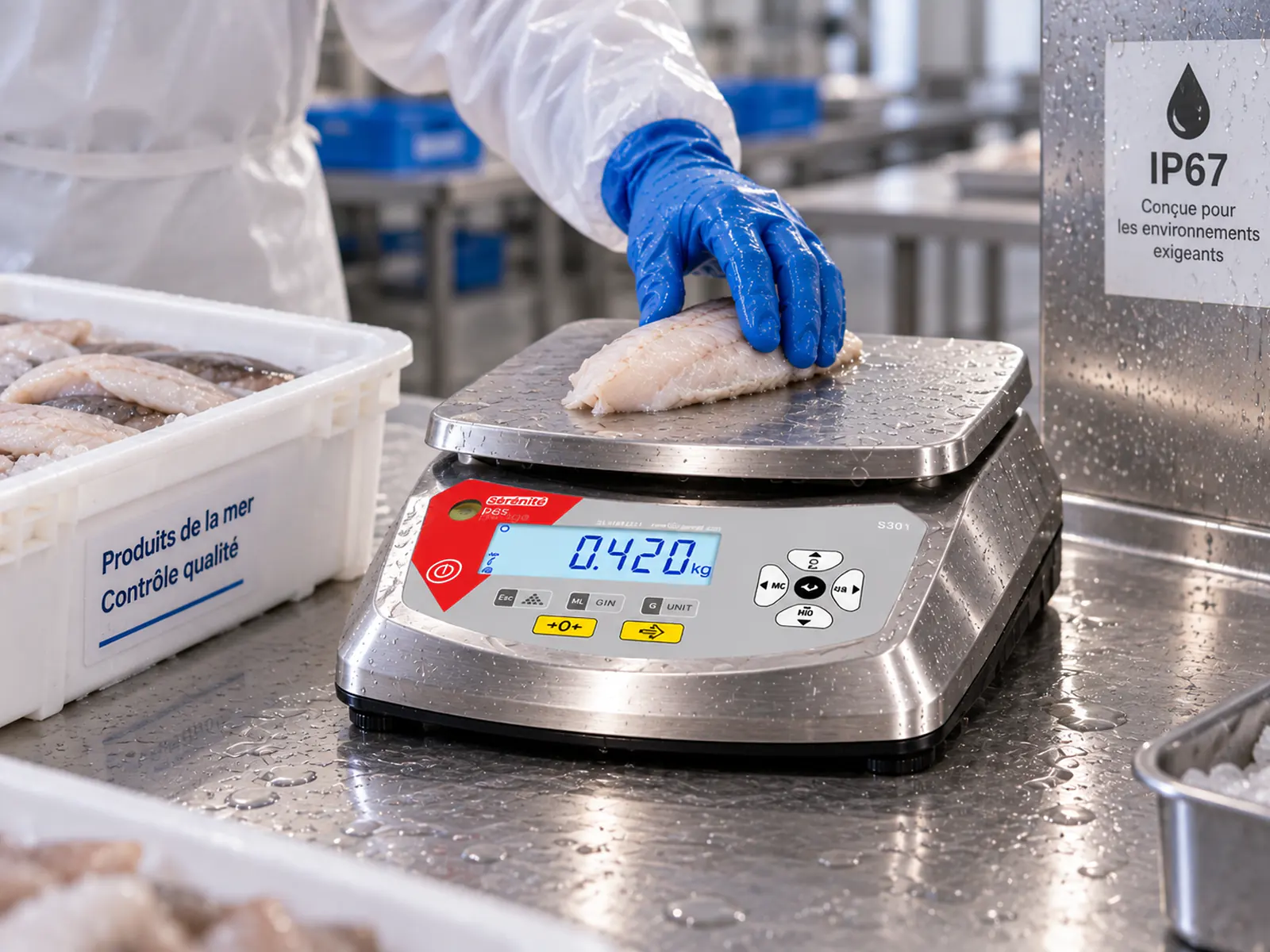 S30 industrielle en production alimentaire Balance B3C S30 industrielle tout inox pesant un filet de poisson, avec opérateur ganté en atelier alimentaire