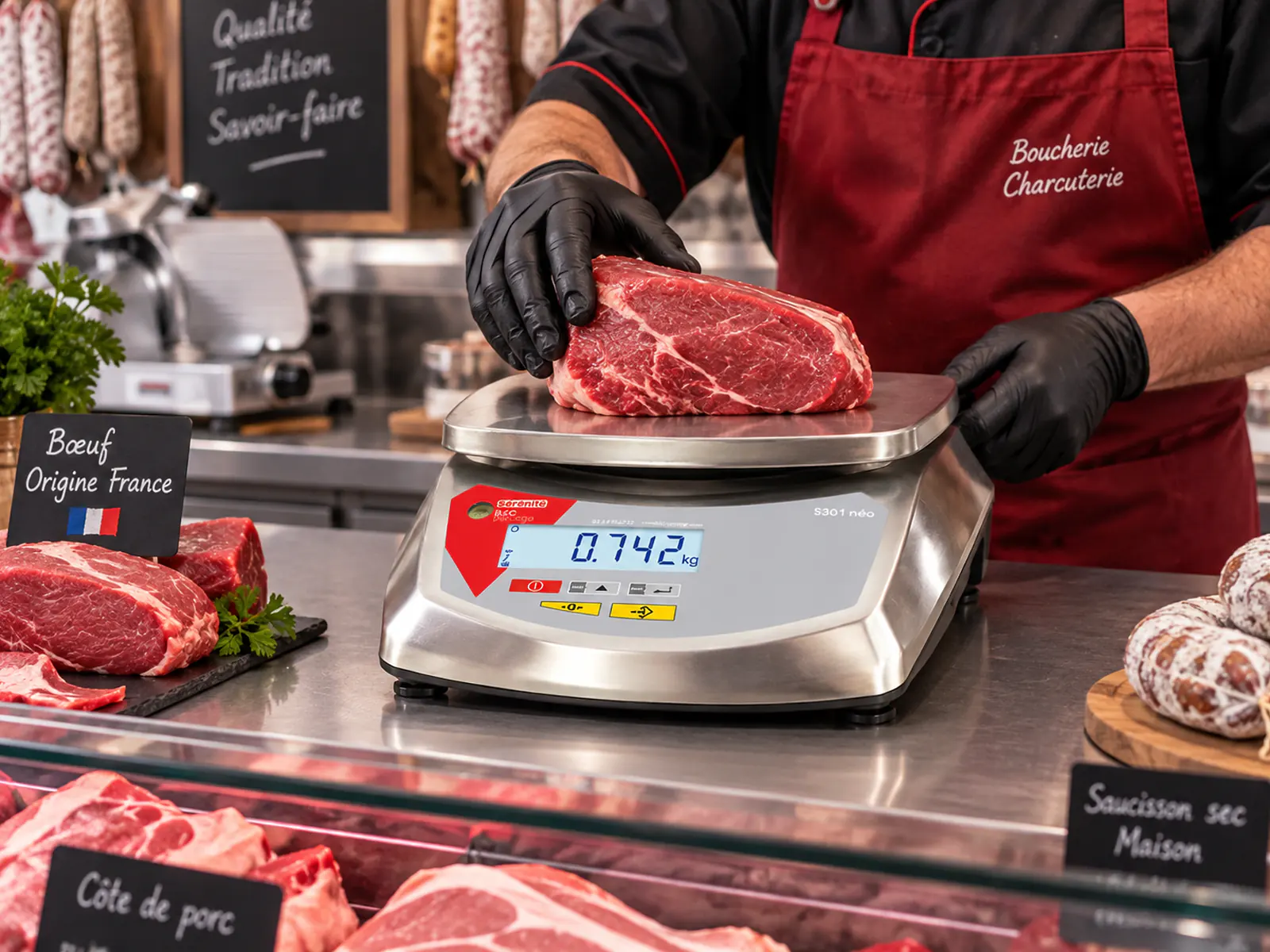 Balance compacte B3C S30i-néo tout inox pesant de la viande dans un atelier de boucherie