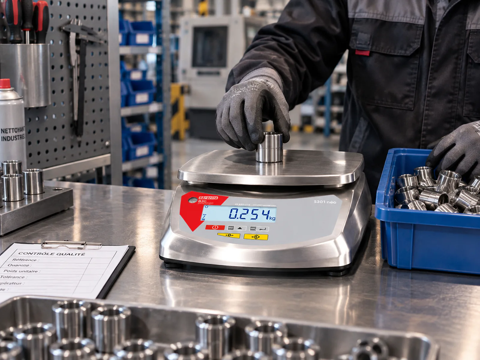 Balance compacte B3C S30i-néo tout inox pesant des pièces métalliques en atelier industriel