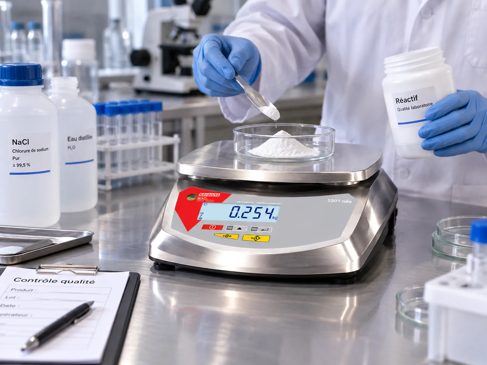 Balance compacte B3C S30i-néo tout inox sur un poste de contrôle en laboratoire