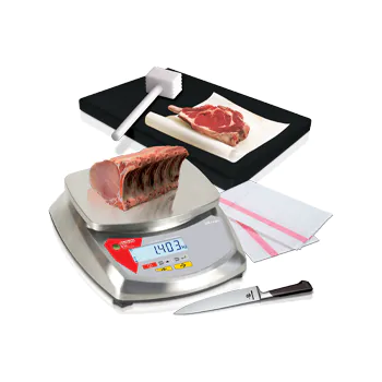 Balance B3C S30i-néo tout inox pesant un carré de viande de 1,403 kg en boucherie, couteau et linge à proximité