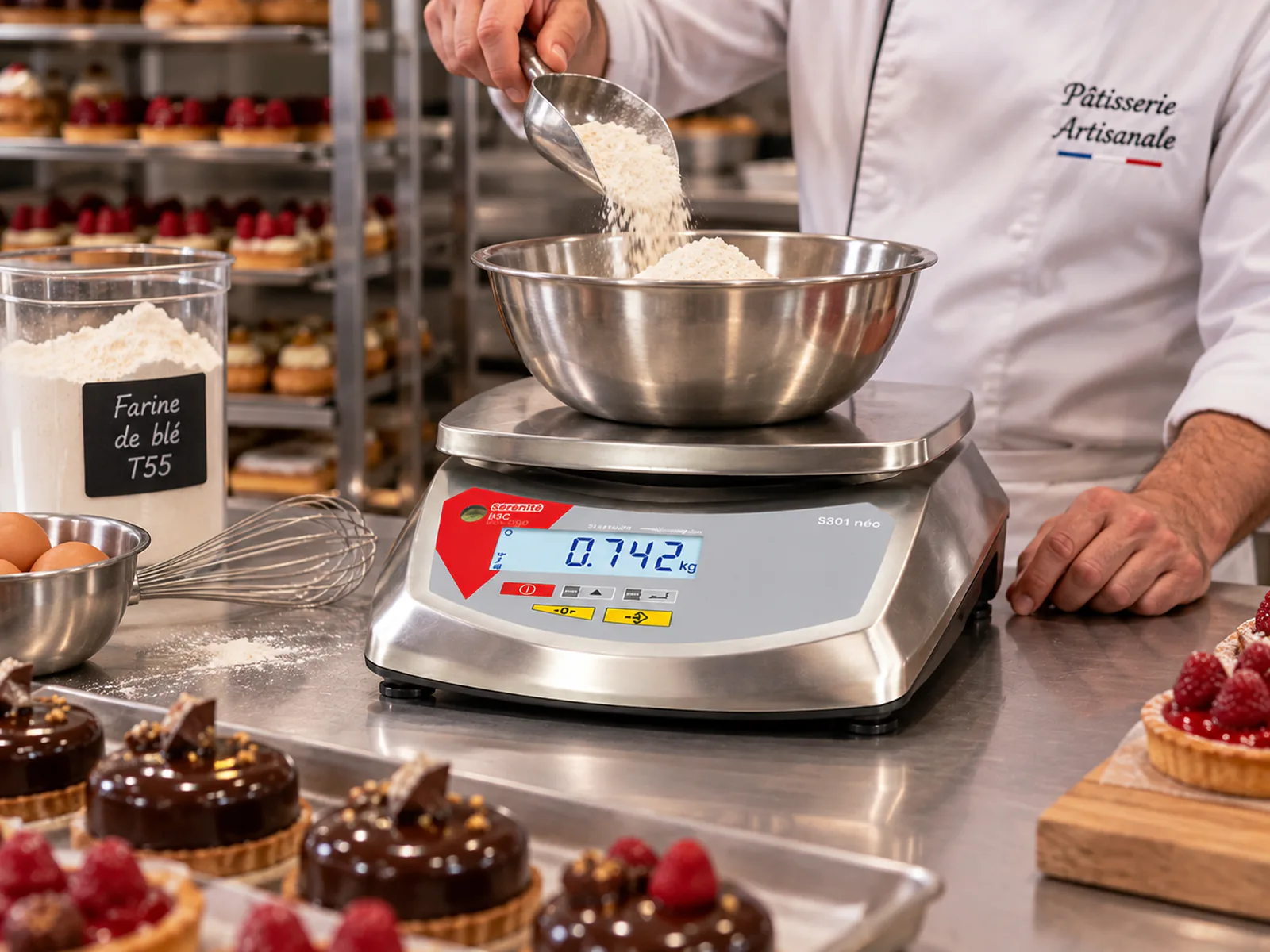 Balance compacte B3C S30i-néo tout inox pesant des ingrédients en atelier de pâtisserie