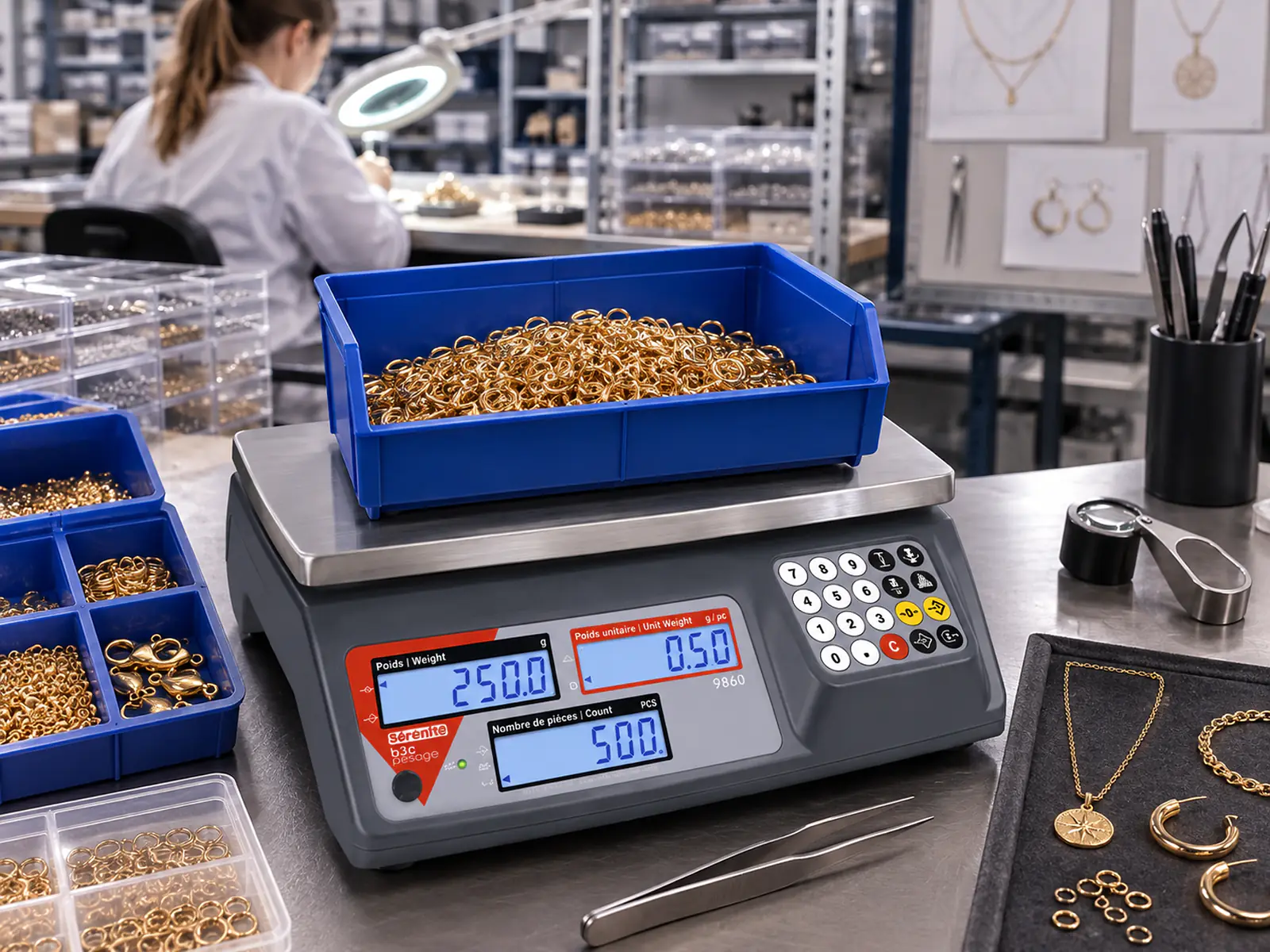 Balance compteuse B3C 9860 avec bac de bijoux dorés pour le comptage par échantillonnage en atelier de bijouterie