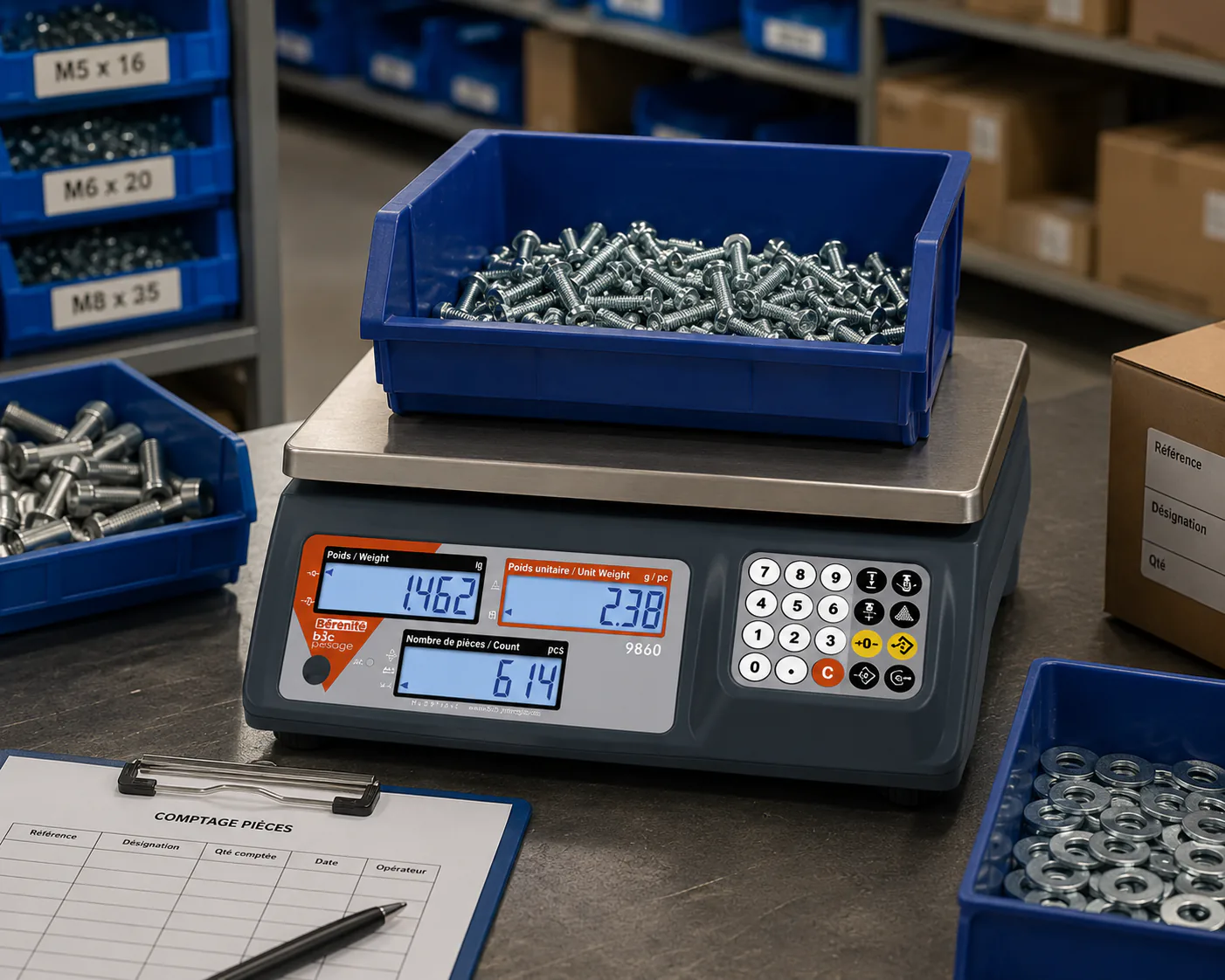 Balance compteuse 9860 avec bac de visserie sur plateau inox pour comptage de pièces en atelier