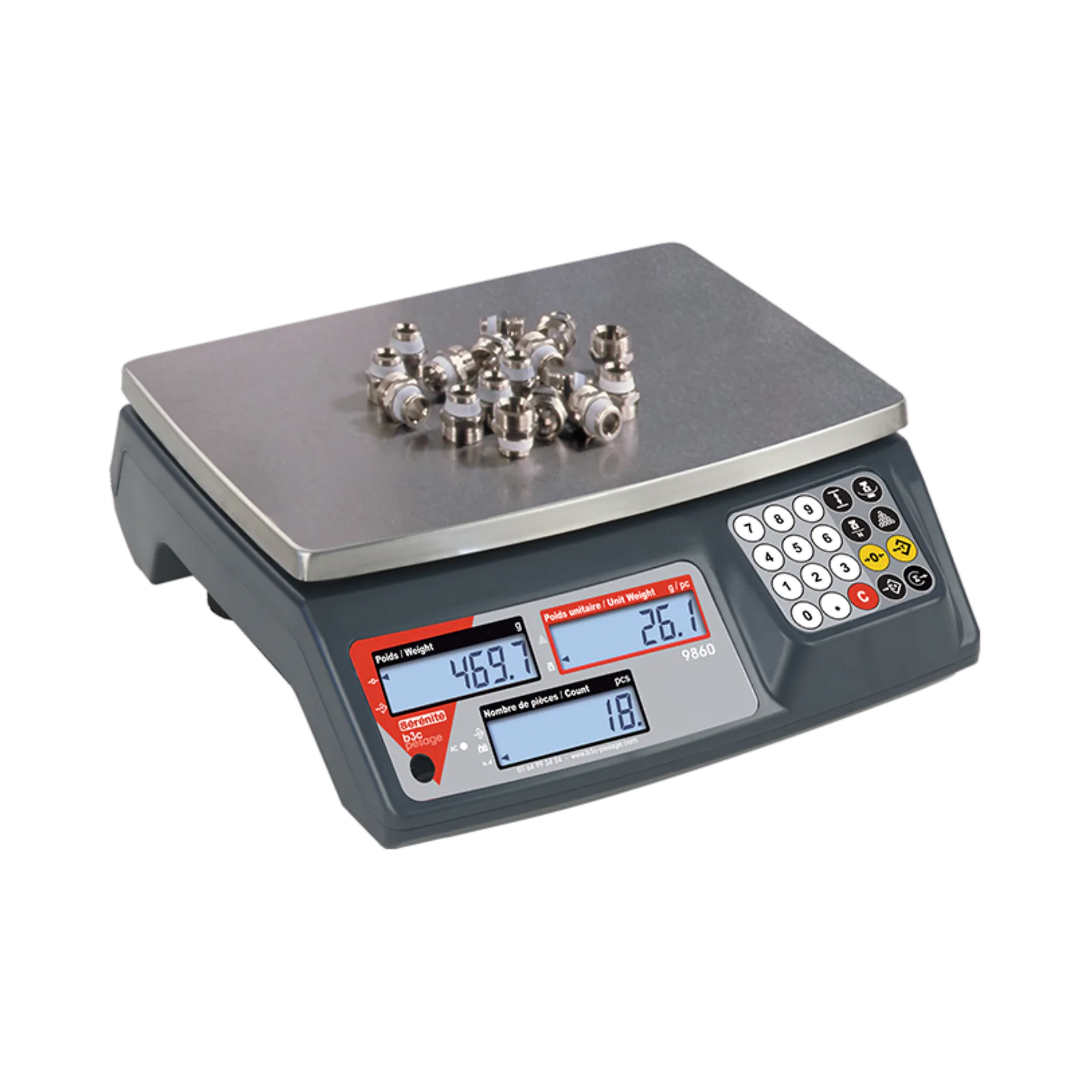 Balance compteuse B3C 9860 avec raccords métalliques sur son plateau inox amovible pour le comptage de pièces