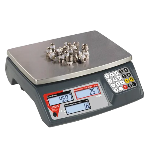 Balance compteuse 9860 comptant 18 raccords métalliques de 26,1 g pièce sur son plateau inox