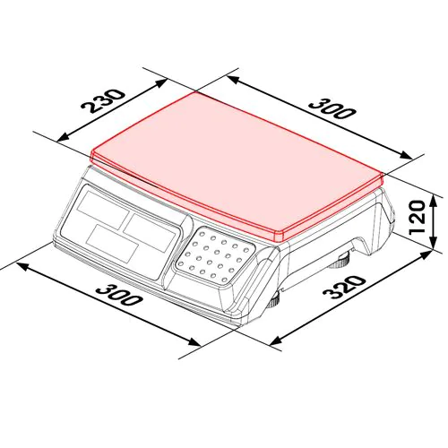 Schéma des dimensions hors tout de la balance compteuse 9860 avec large plateau inox amovible de 300 × 230 mm