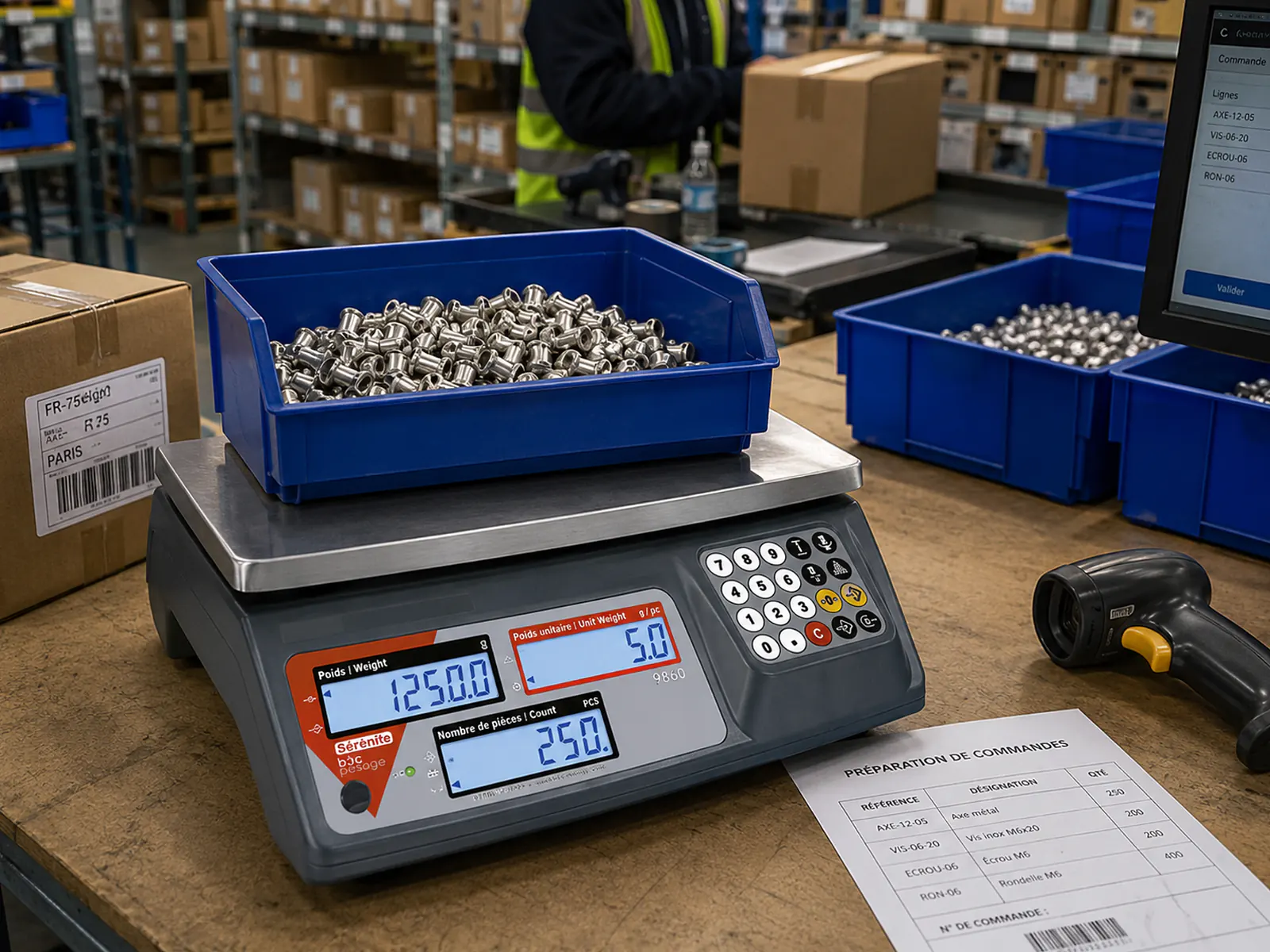 Balance compteuse B3C 9860 avec bac de pièces métalliques pour l'inventaire mobile en entrepôt logistique
