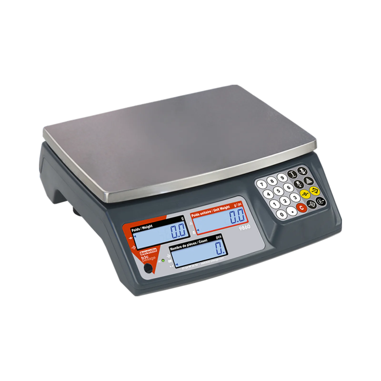 Balance compteuse B3C 9860 détourée avec plateau inox AISI 304 de 300 × 230 mm, clavier et trois afficheurs LCD
