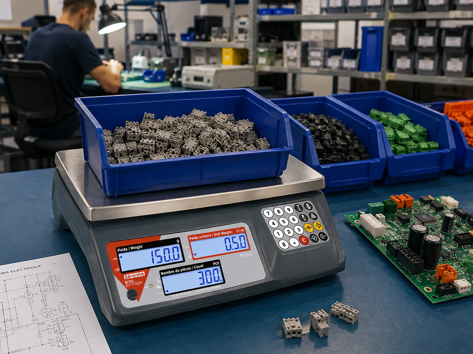Balance compteuse B3C 9860 avec bac de composants électriques pour le contrôle de pièces en production