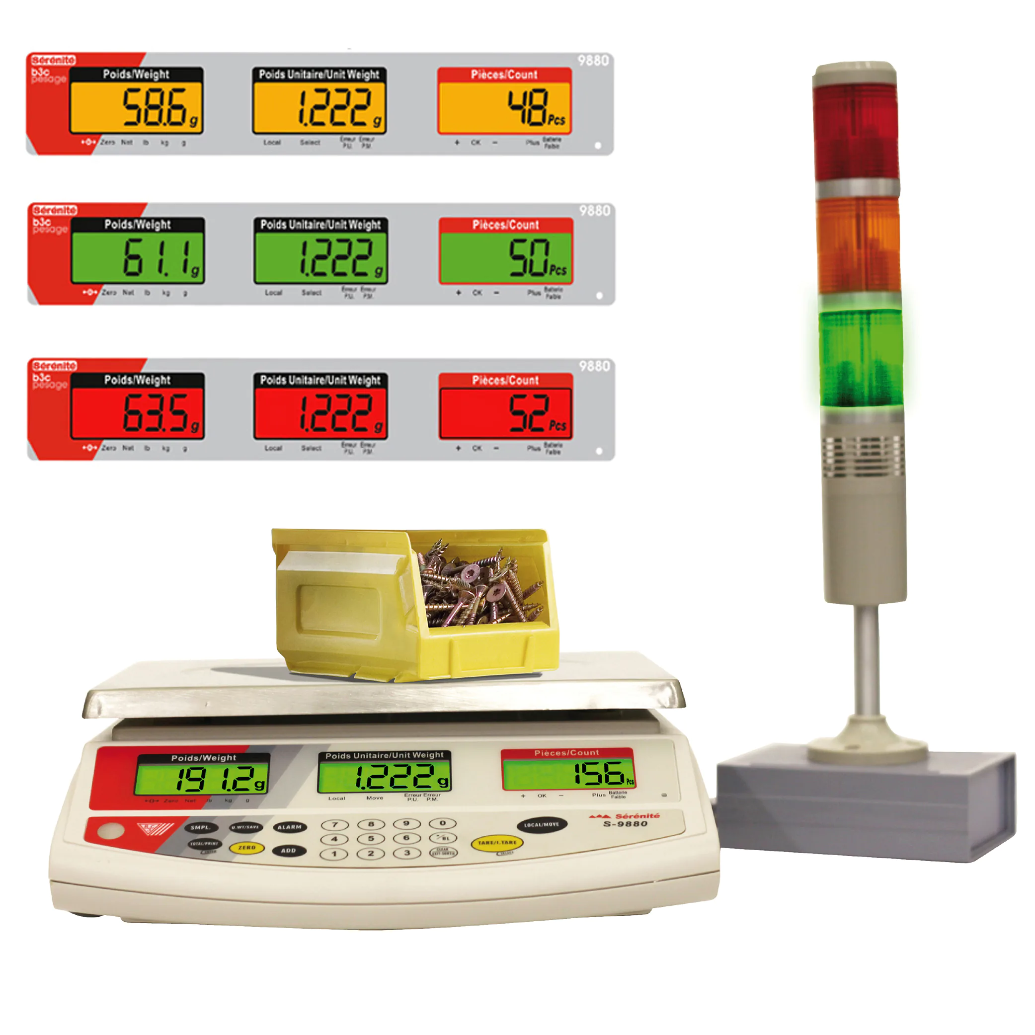 Balance compteuse B3C 9880 avec plateau inox 300×230 mm, contrôle +/- 3 couleurs et colonne lumineuse en option