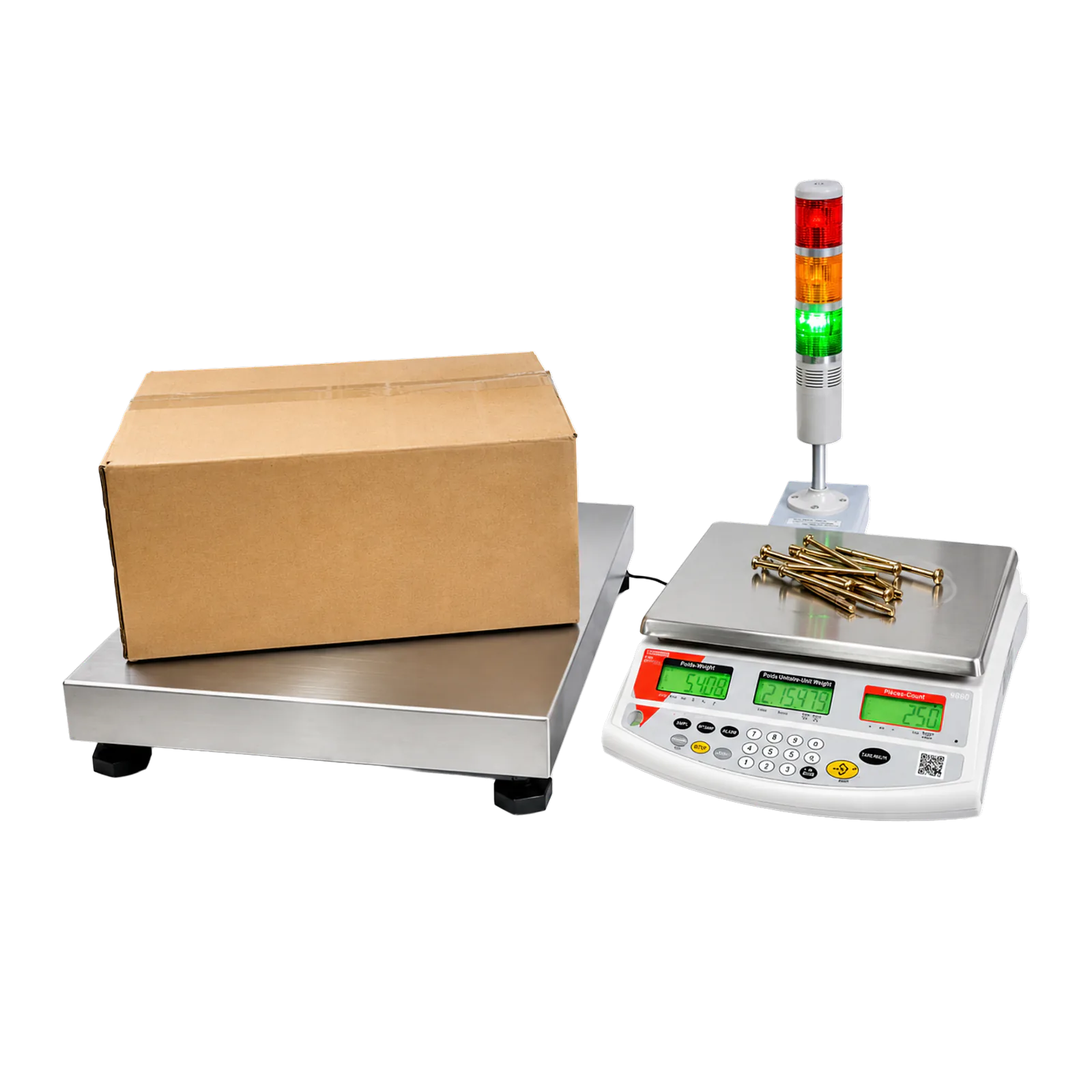 Balance compteuse B3C 9880 reliée à une plateforme avec carton et équipée d’une colonne lumineuse