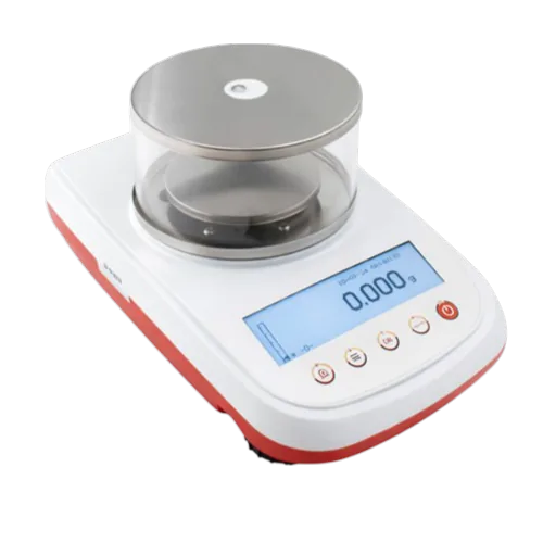 Balance analytique B3C LAB-2000 homologuée métrologie légale avec cage de protection vitrée et indicateur, détourée sur fond blanc