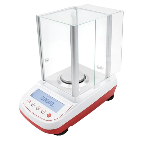 Balance analytique B3C LAB-2000 vue de face, plateau amovible derrière la cage de protection vitrée