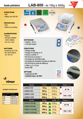 Aperçu de la première page de la fiche technique PDF de la balance haute précision LAB-800
